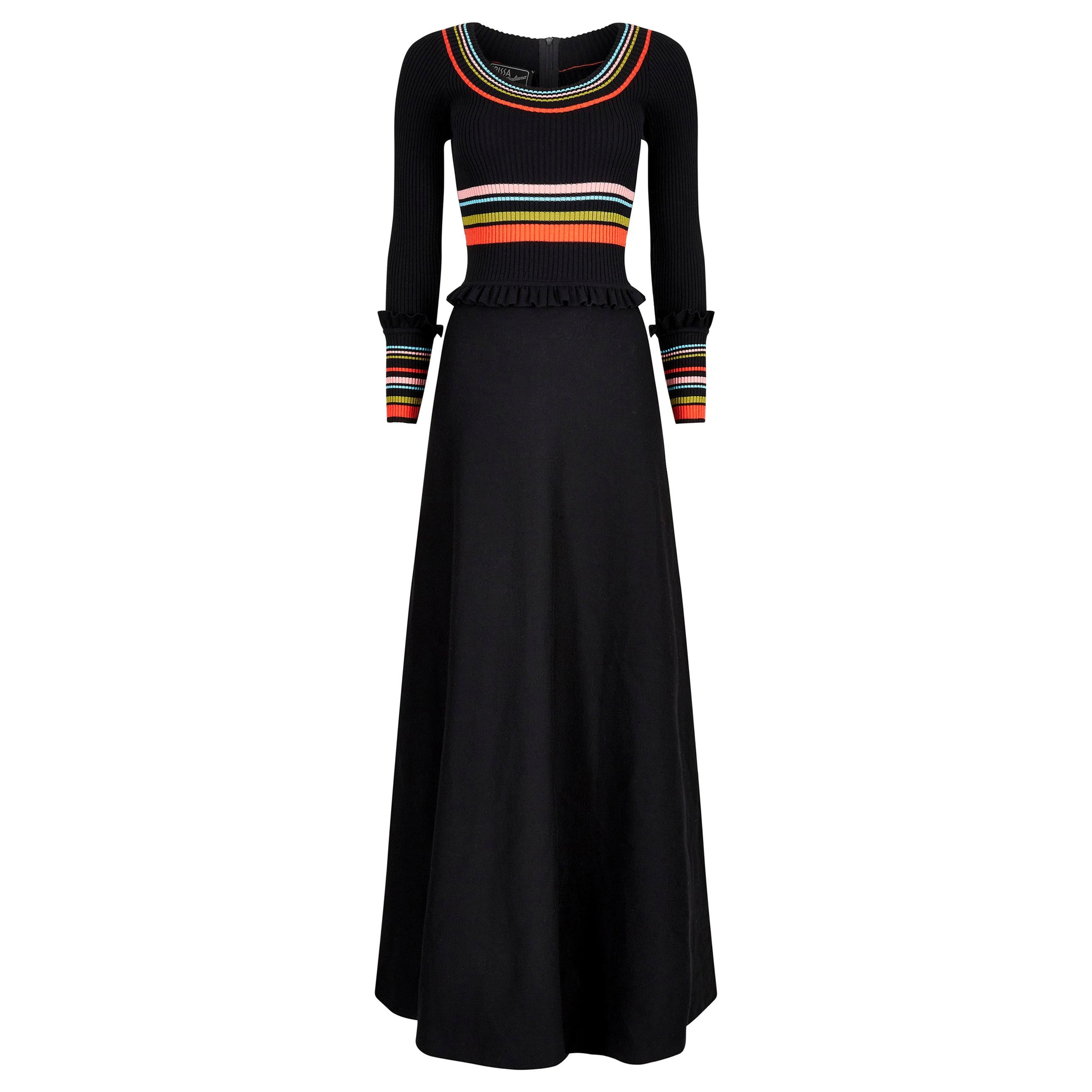 1970s Crissa Black Jersey Knit Wool Ribbed Maxi Dress With A Line Skirt For Sale