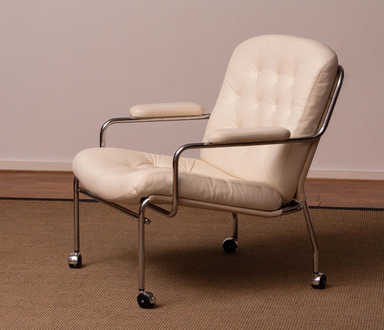 1970s Crome and White Tufted Leather Lounge Chair by Lindlöfs Möbler Sweden 4