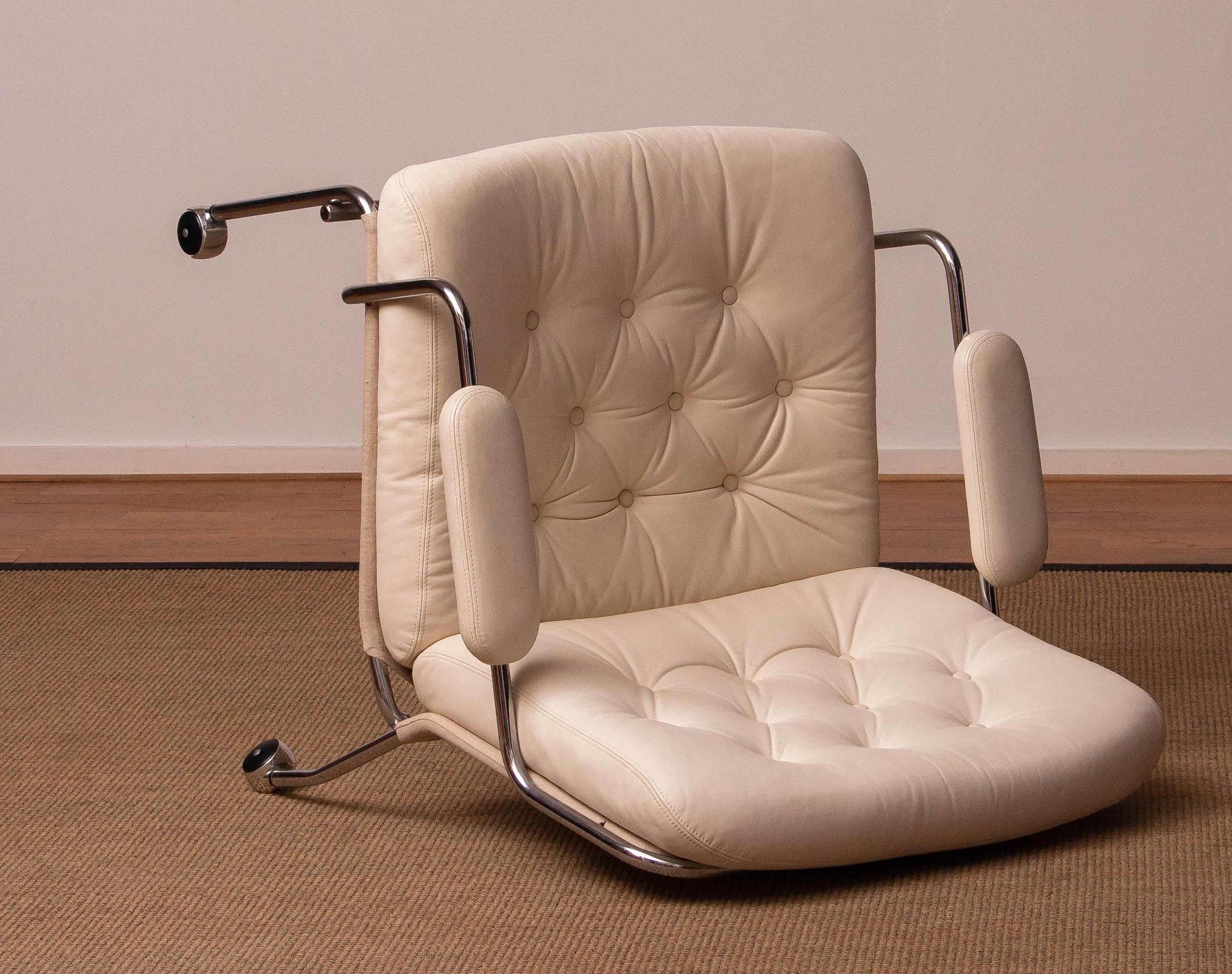 1970s Crome and White Tufted Leather Lounge Chair by Lindlöfs Möbler Sweden 5