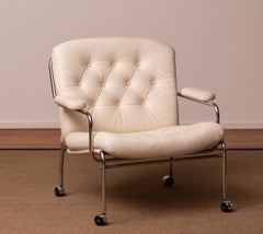 1970s Crome and White Tufted Leather Lounge Chair by Lindlöfs Möbler Sweden