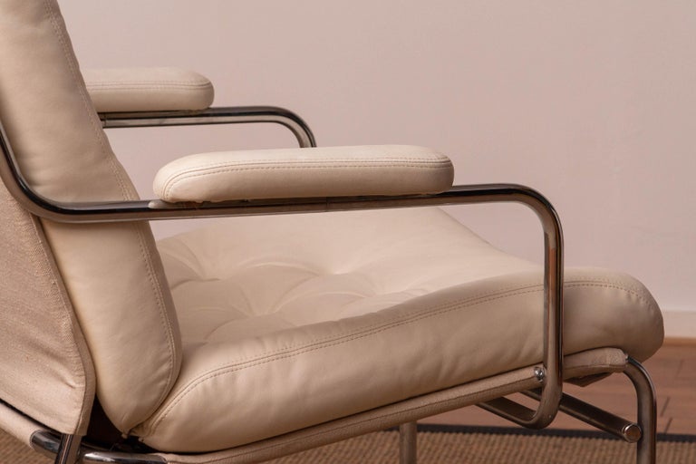 Late 20th Century 1970s Crome and White Tufted Leather Lounge Chair by Lindlöfs Möbler Sweden