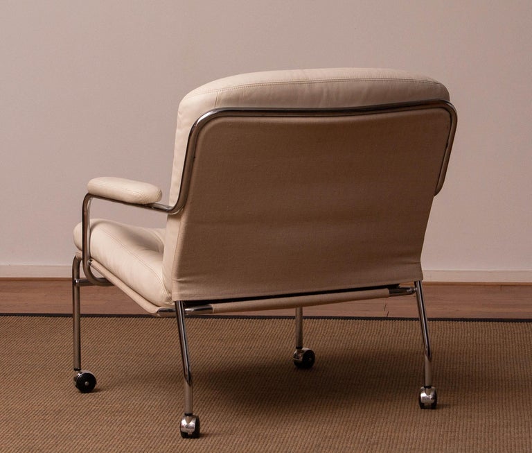 1970s Crome and White Tufted Leather Lounge Chair by Lindlöfs Möbler Sweden 3