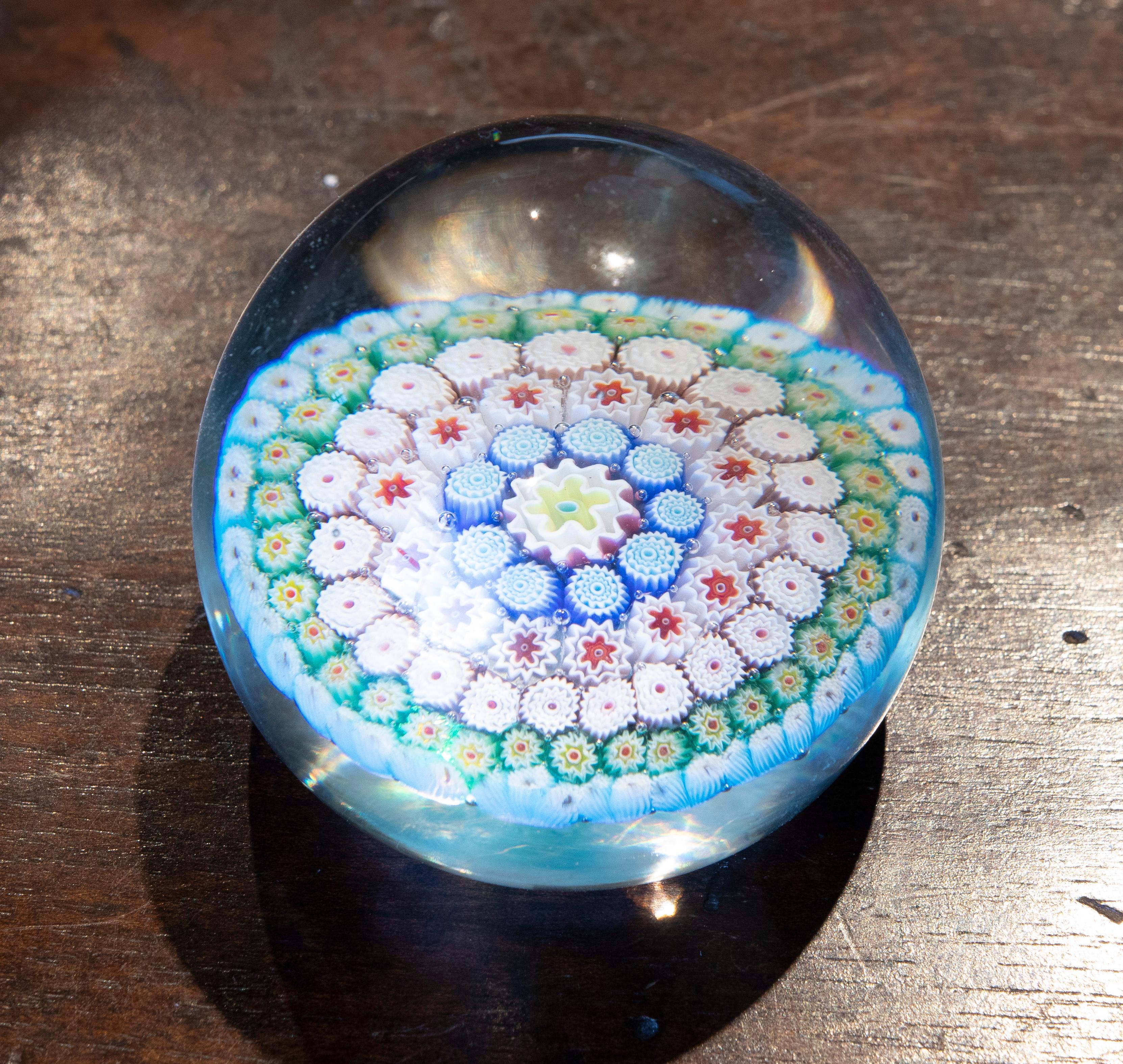 European 1970s Crystal Paperweight with Flower Decoration  For Sale