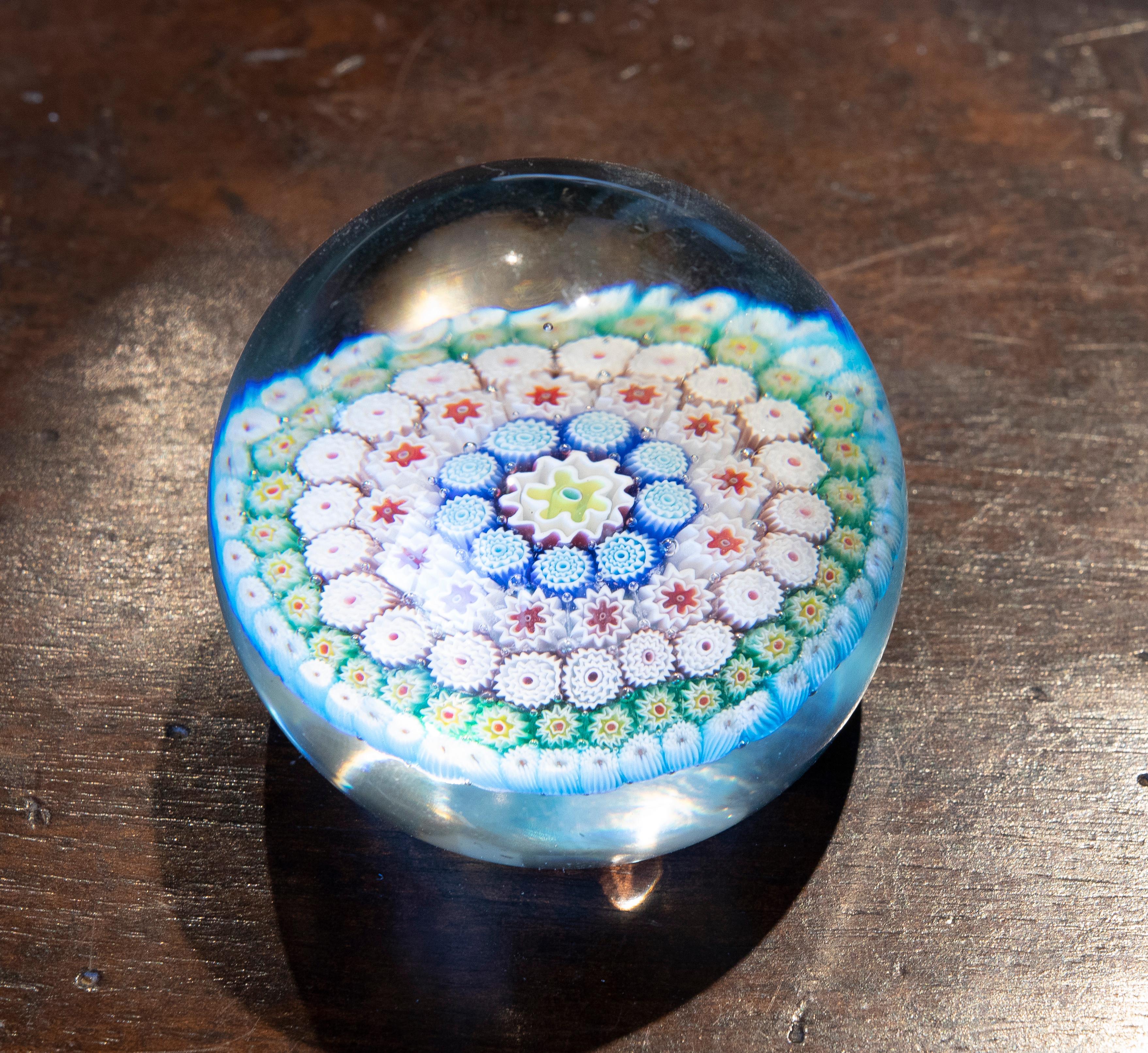 Glass 1970s Crystal Paperweight with Flower Decoration  For Sale