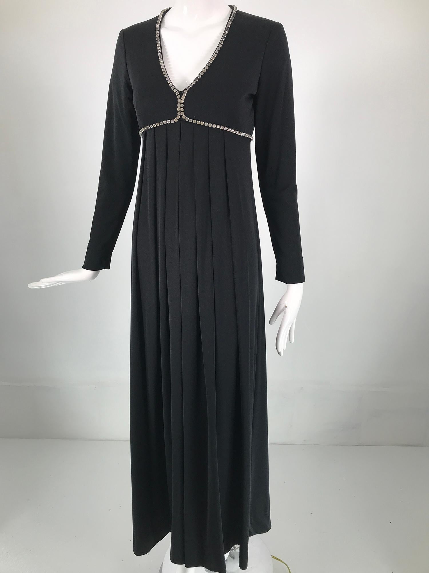 1970s Crystal Rhinestone Trimmed Black Jersey V Neck Maxi Dress For Sale 6