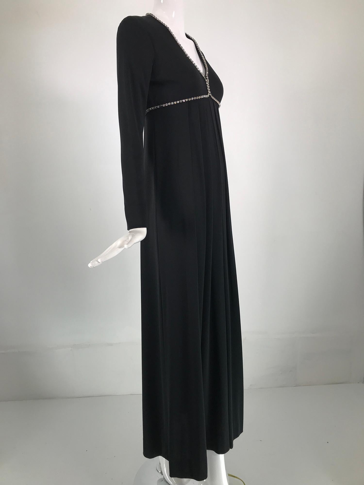  1970s Crystal Rhinestone Trimmed Black Jersey V Neck Maxi Dress In Good Condition For Sale In West Palm Beach, FL