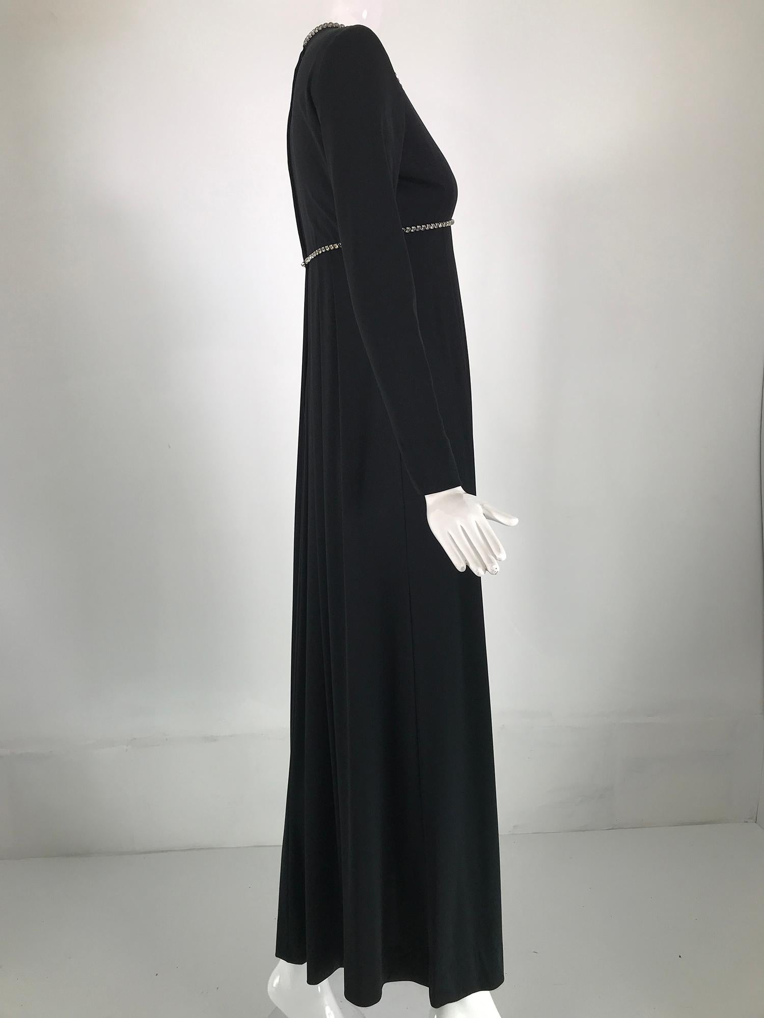 Women's  1970s Crystal Rhinestone Trimmed Black Jersey V Neck Maxi Dress For Sale