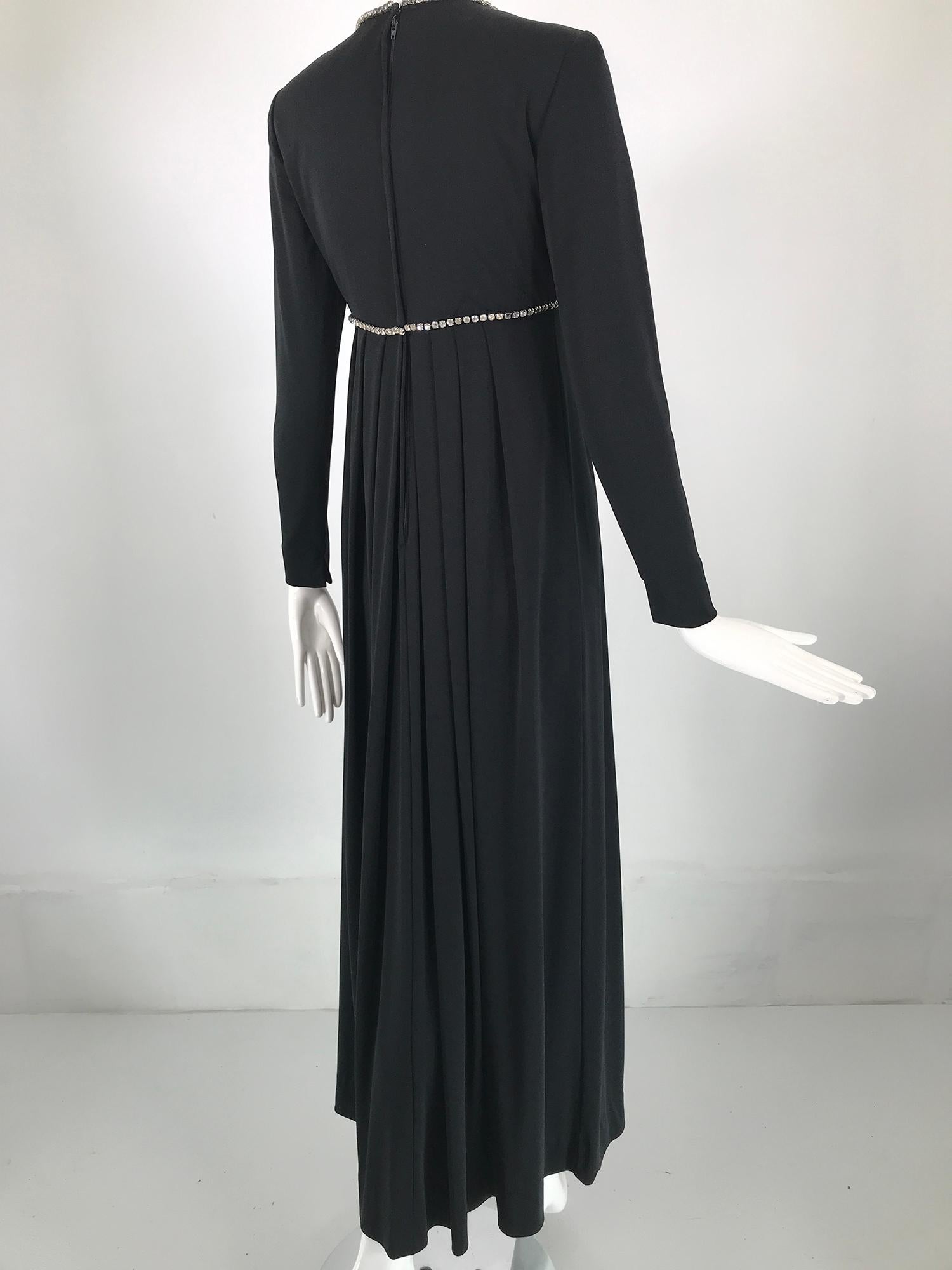  1970s Crystal Rhinestone Trimmed Black Jersey V Neck Maxi Dress For Sale 1