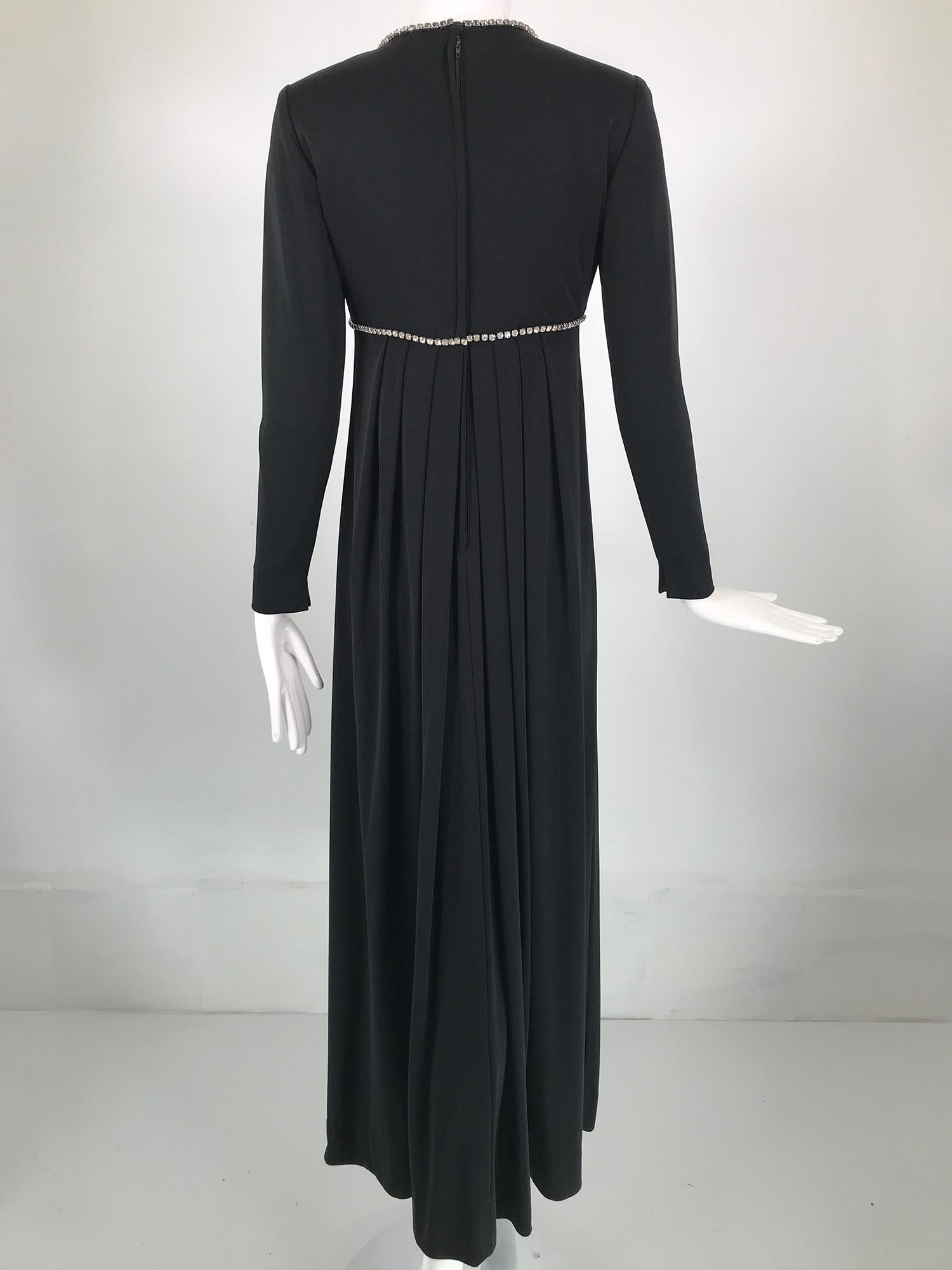  1970s Crystal Rhinestone Trimmed Black Jersey V Neck Maxi Dress For Sale 2