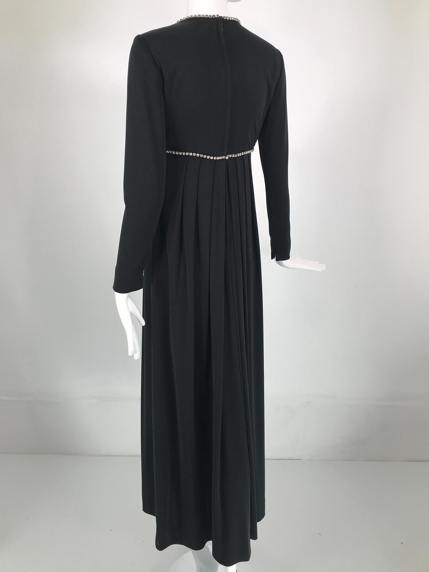  1970s Crystal Rhinestone Trimmed Black Jersey V Neck Maxi Dress For Sale 3