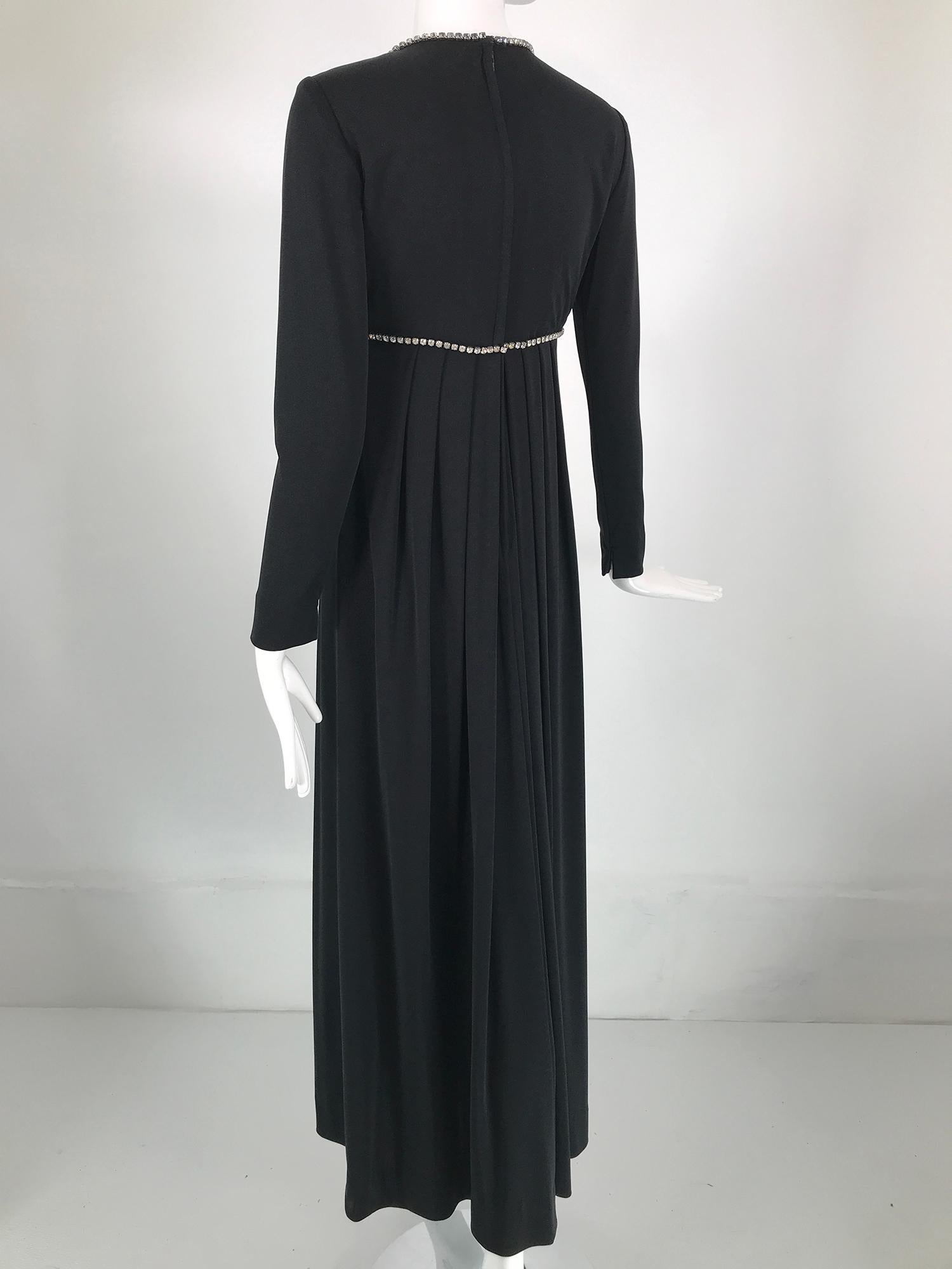 1970s Crystal Rhinestone Trimmed Black Jersey V Neck Maxi Dress For Sale 3