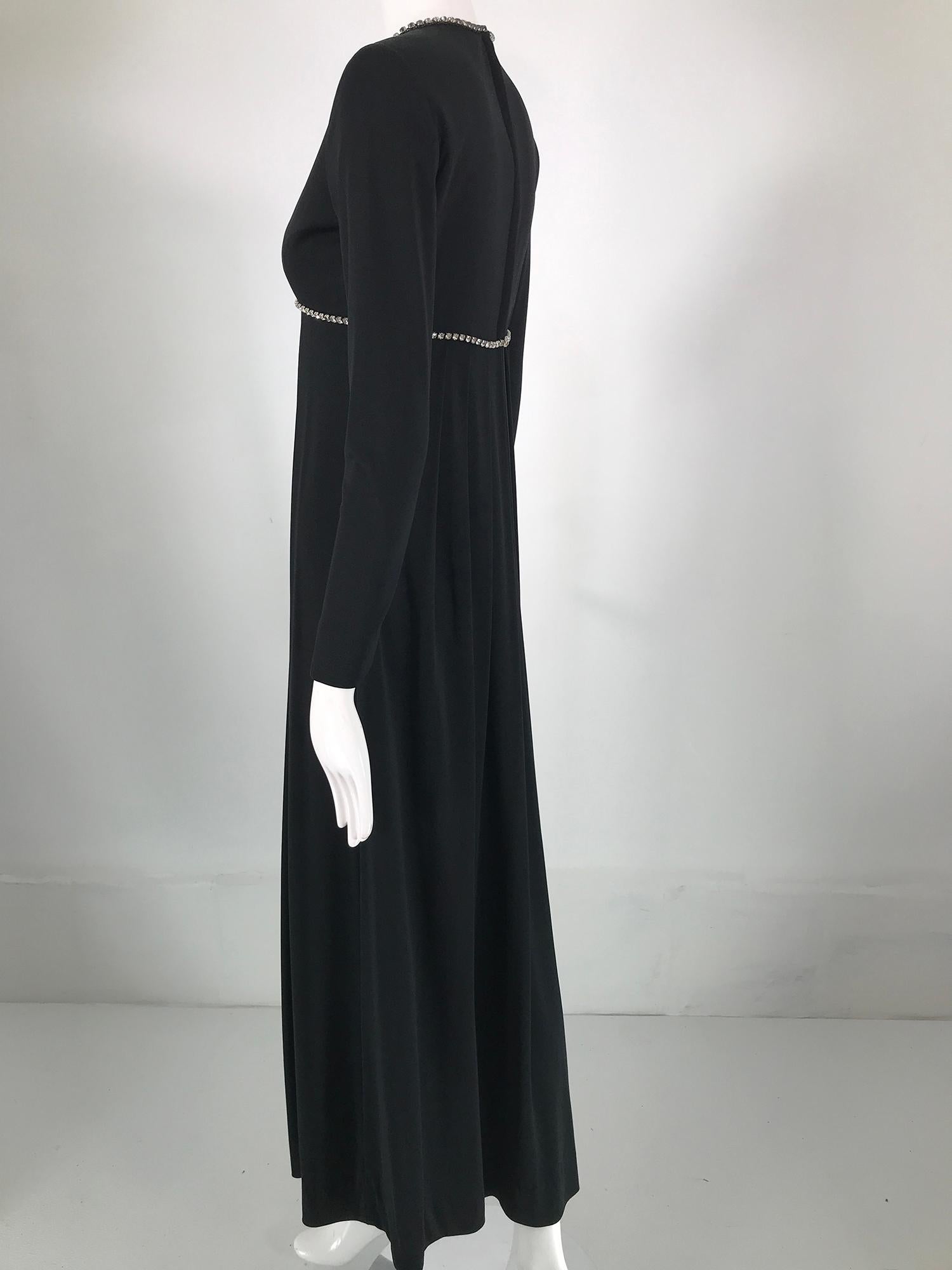  1970s Crystal Rhinestone Trimmed Black Jersey V Neck Maxi Dress For Sale 4