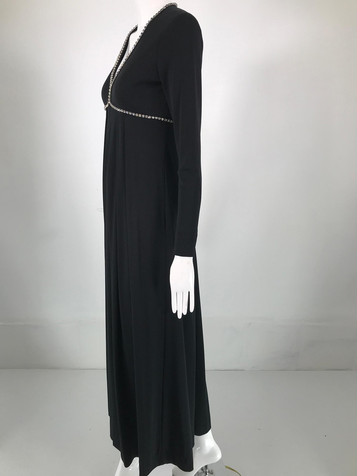  1970s Crystal Rhinestone Trimmed Black Jersey V Neck Maxi Dress For Sale 5