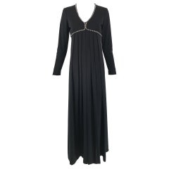 1970er Jahre Kristall Strassbesetztes Schwarzes Jersey V-Ausschnitt Maxikleid