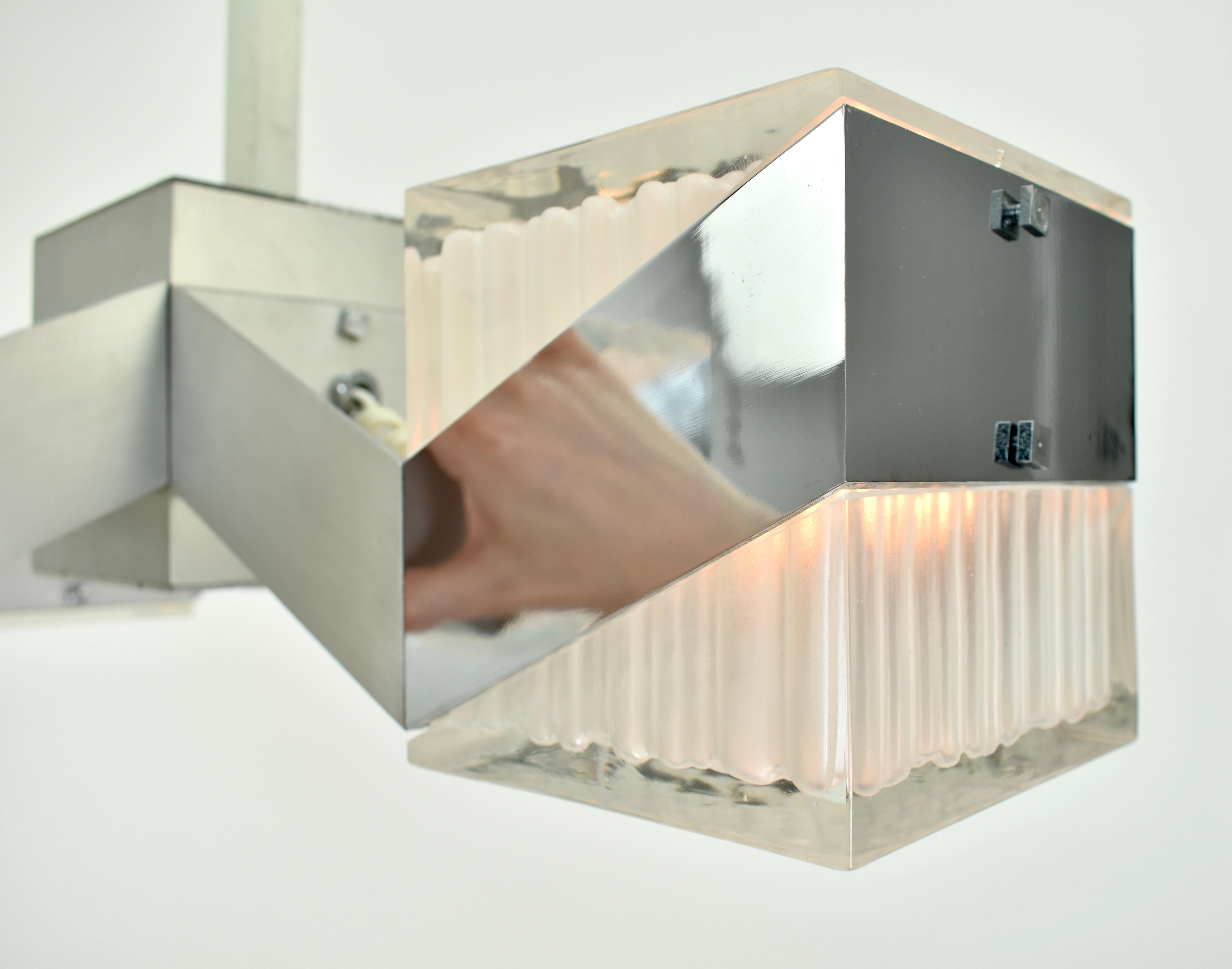Lampadario cubista anni '70 in vetro cromato in vendita 4