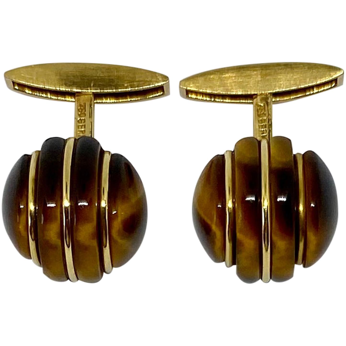 1970s Cufflinks in 18 Karat Yellow Gold with Carved Tiger's Eye Domes