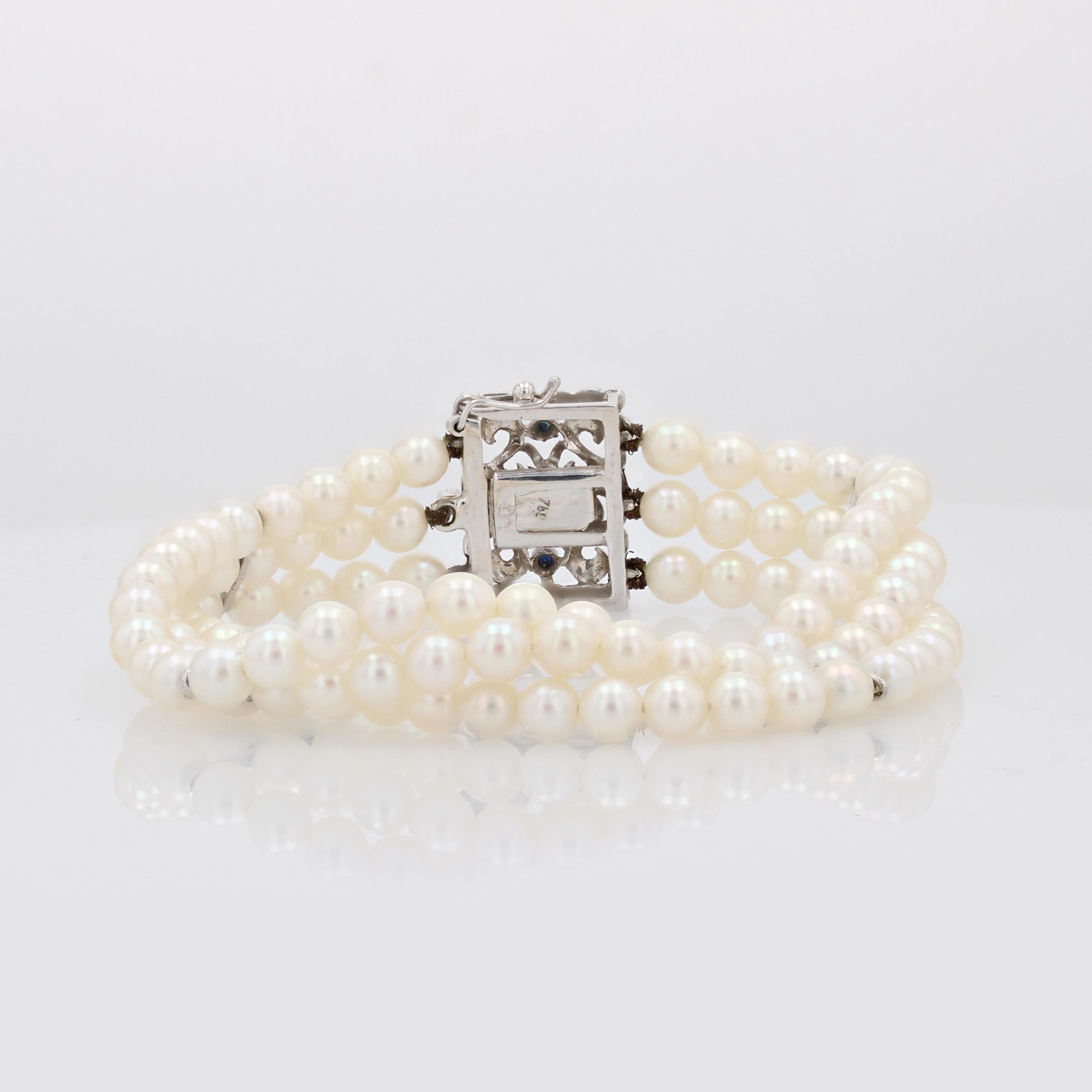 Bracciale anni '70 con perle coltivate, oro bianco 18 carati, zaffiro e diamante, chiusura a 3 file in vendita 6