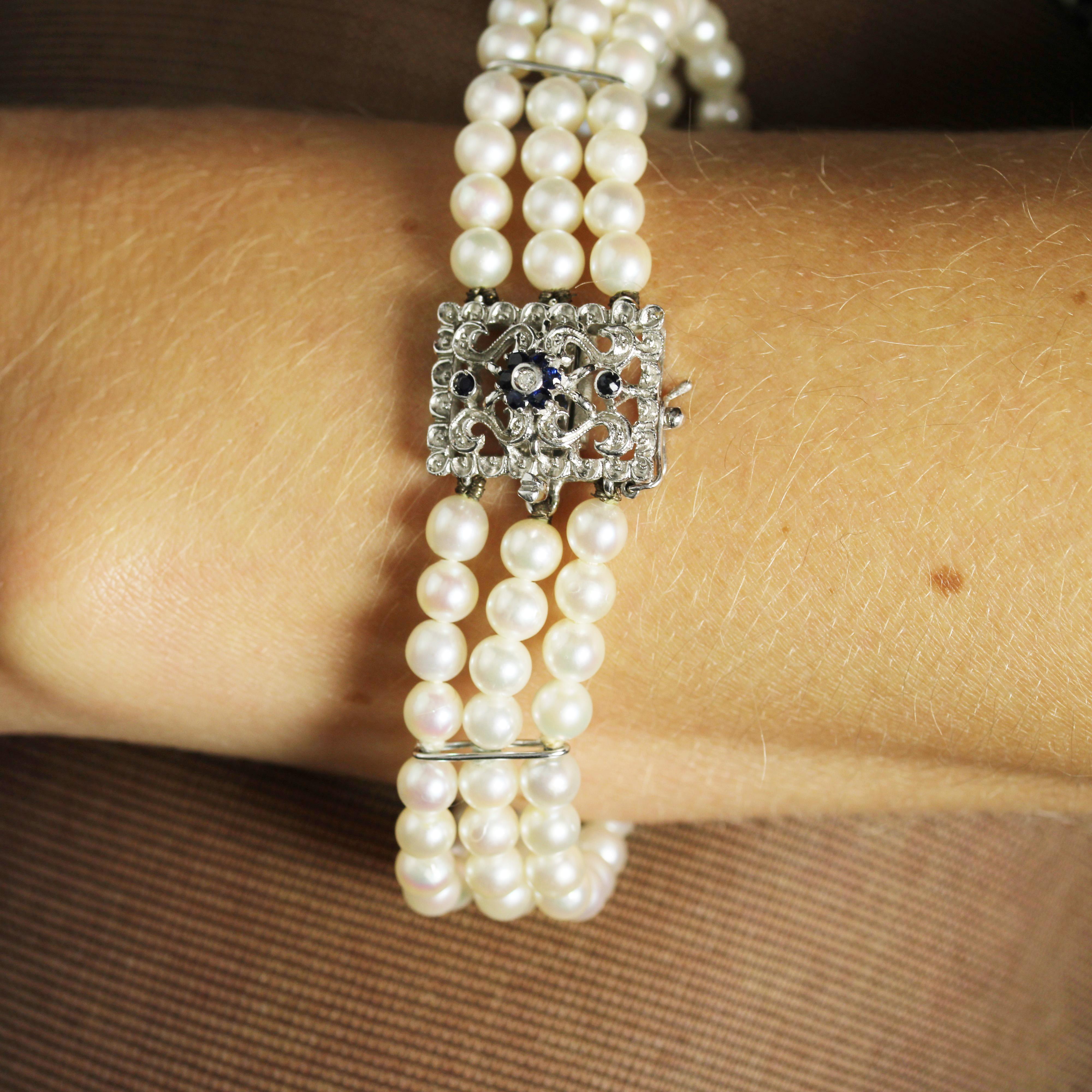 Bracciale anni '70 con perle coltivate, oro bianco 18 carati, zaffiro e diamante, chiusura a 3 file in vendita 3