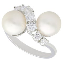 Vintage 1970s Cultured Pearl and 1.04 Carat Diamond White Gold Twist Ring