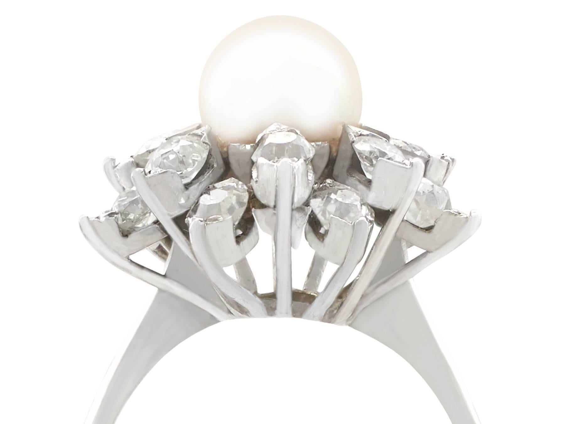 An impressive vintage cultured pearl and 1.05 Ct diamond, 18k white gold cluster ring; part of our diverse antique jewelry and estate jewelry collections.

This fine and impressive pearl cluster ring has been crafted in 18k white gold.

The