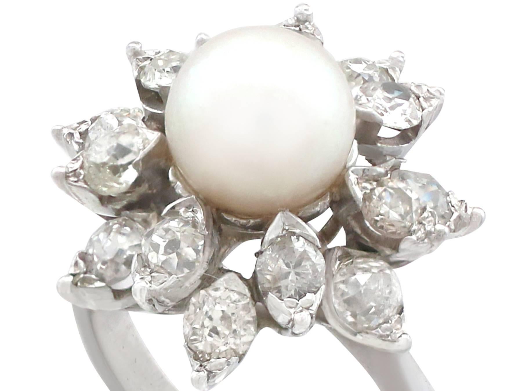 Old European Cut 1970s Cultured Pearl and 1.05 Carat Diamond White Gold Cluster Ring