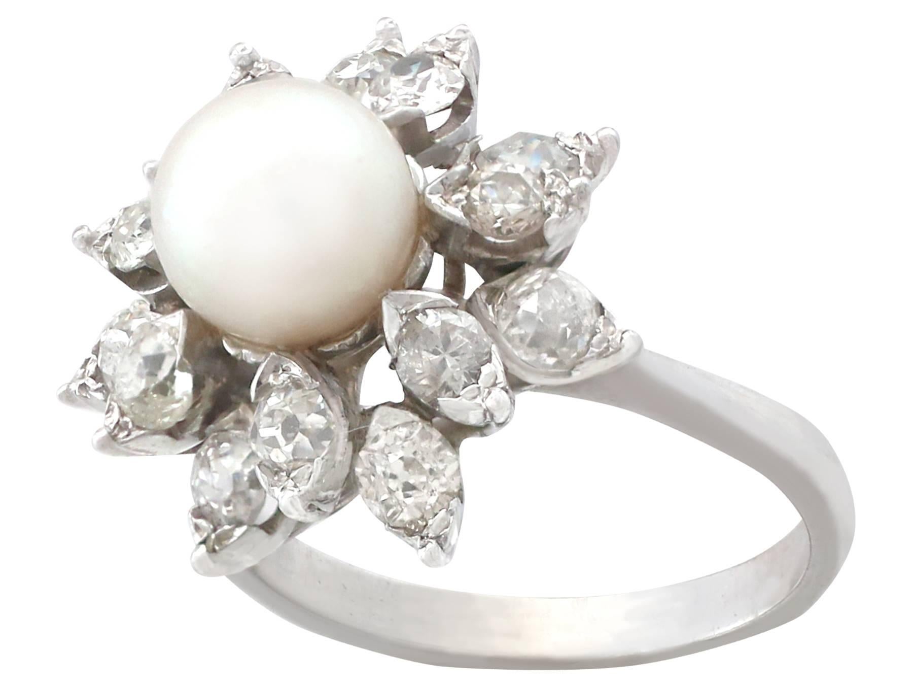 1970s Cultured Pearl and 1.05 Carat Diamond White Gold Cluster Ring In Excellent Condition In Jesmond, Newcastle Upon Tyne