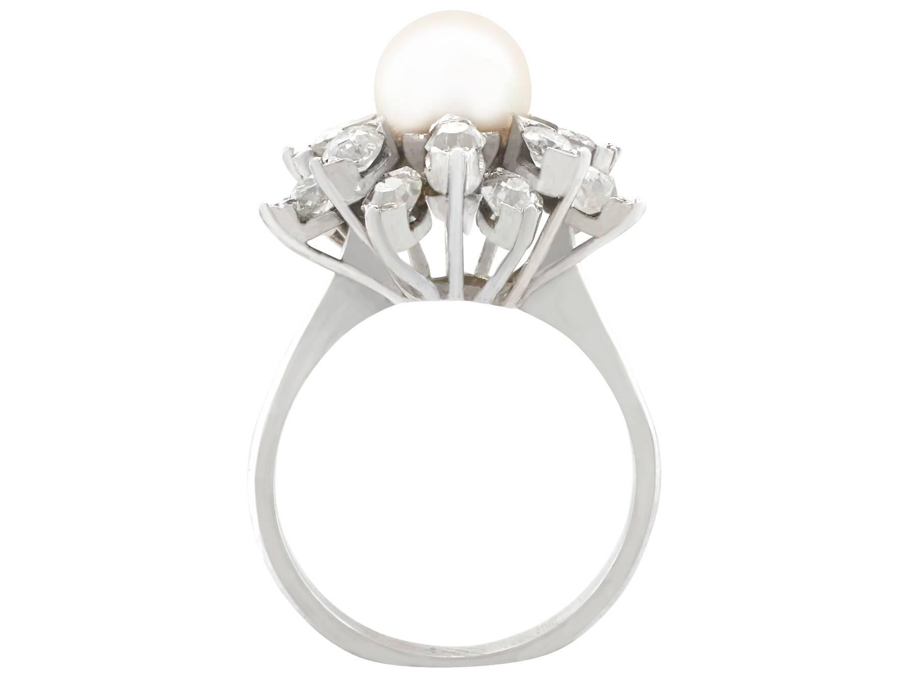 Women's 1970s Cultured Pearl and 1.05 Carat Diamond White Gold Cluster Ring