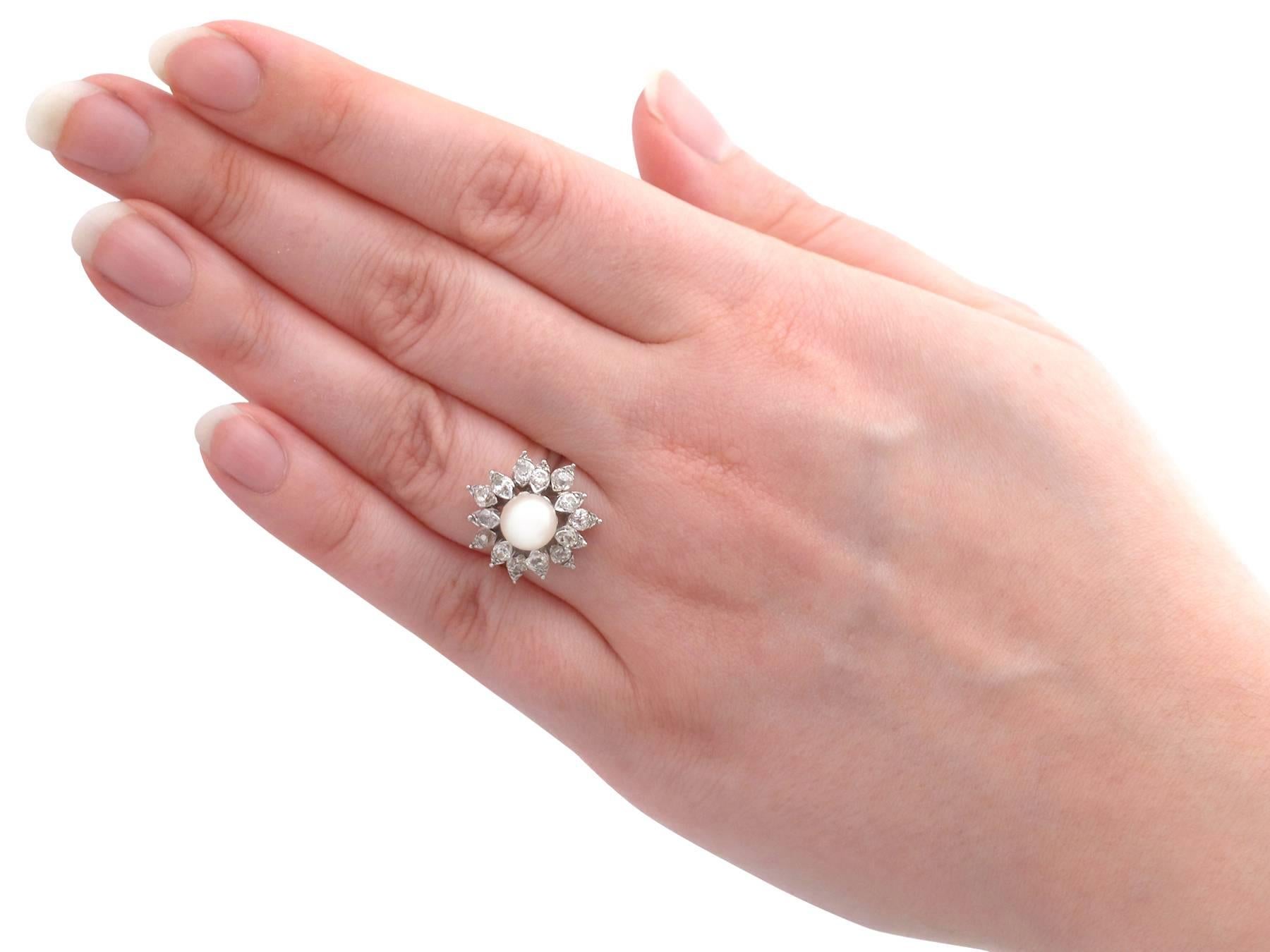 1970s Cultured Pearl and 1.05 Carat Diamond White Gold Cluster Ring 2