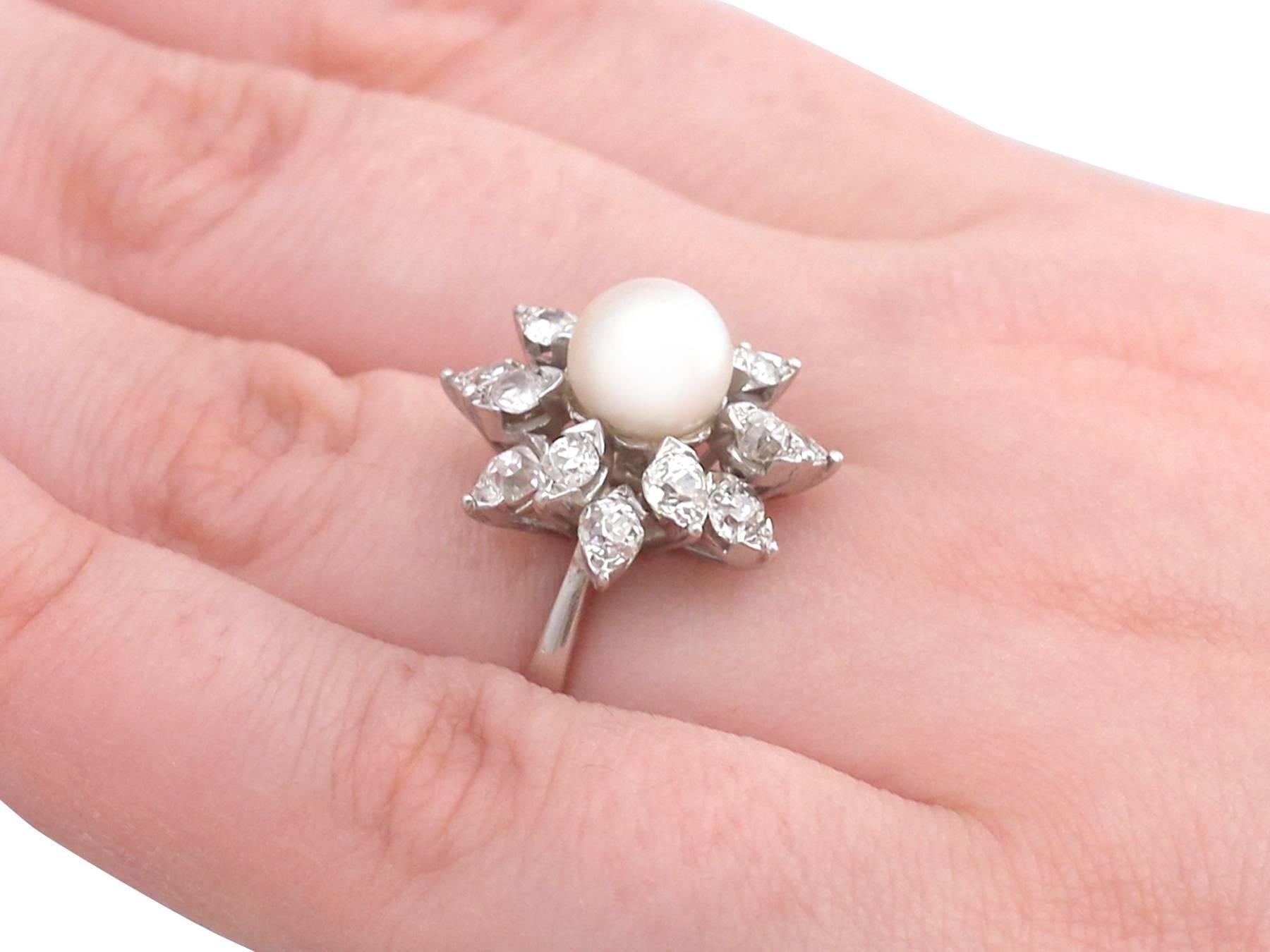 1970s Cultured Pearl and 1.05 Carat Diamond White Gold Cluster Ring 3