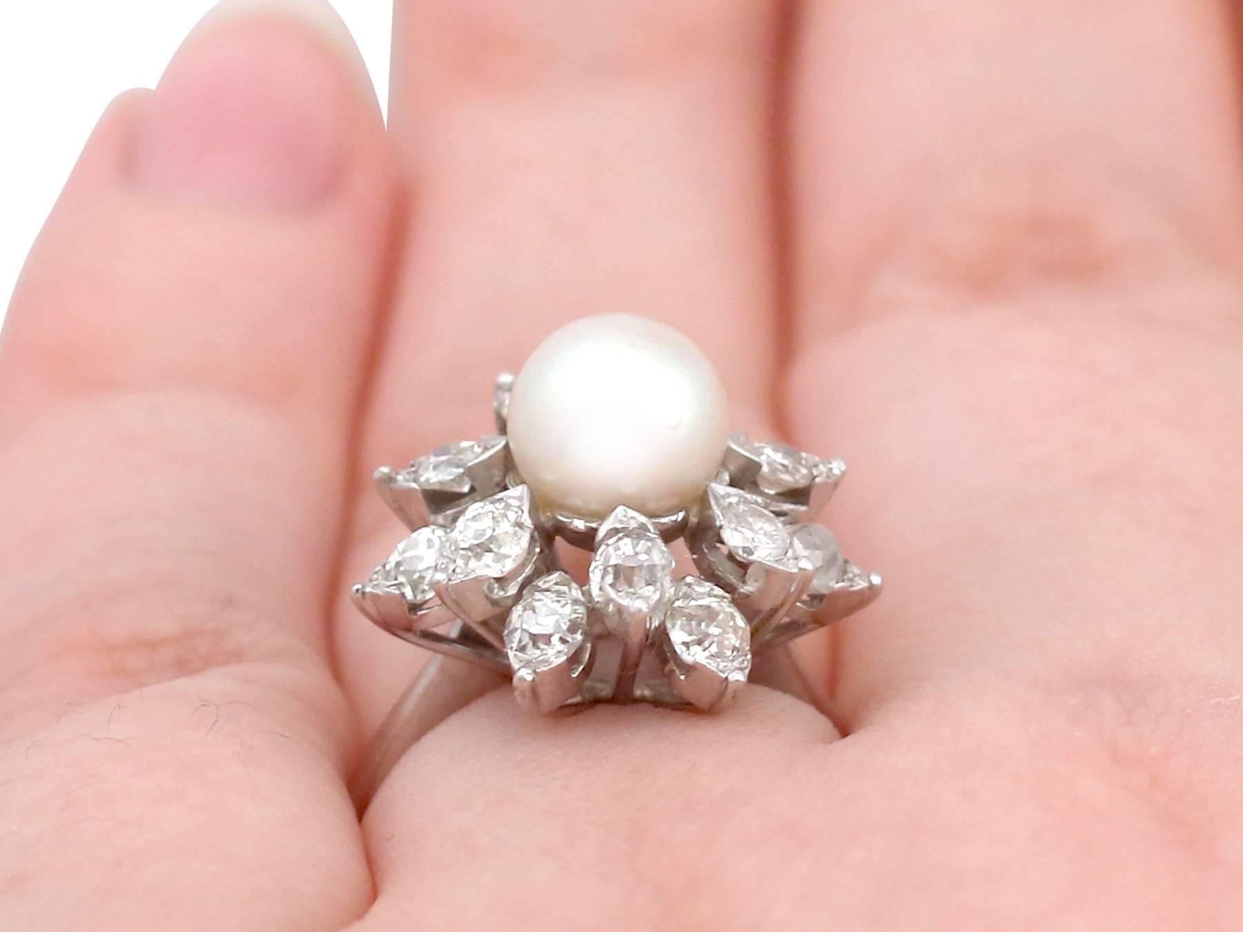 1970s Cultured Pearl and 1.05 Carat Diamond White Gold Cluster Ring 4