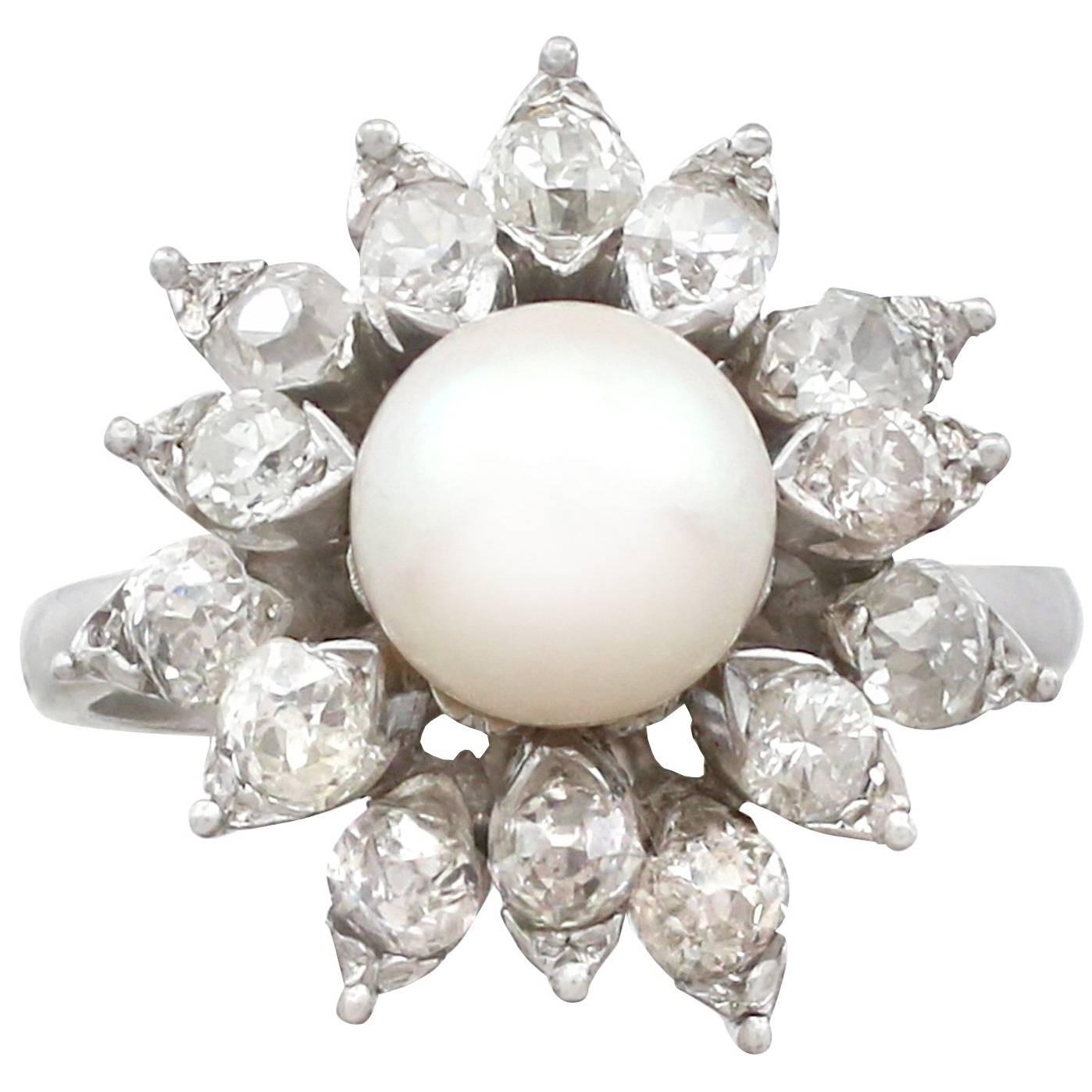 1970s Cultured Pearl and 1.05 Carat Diamond White Gold Cluster Ring