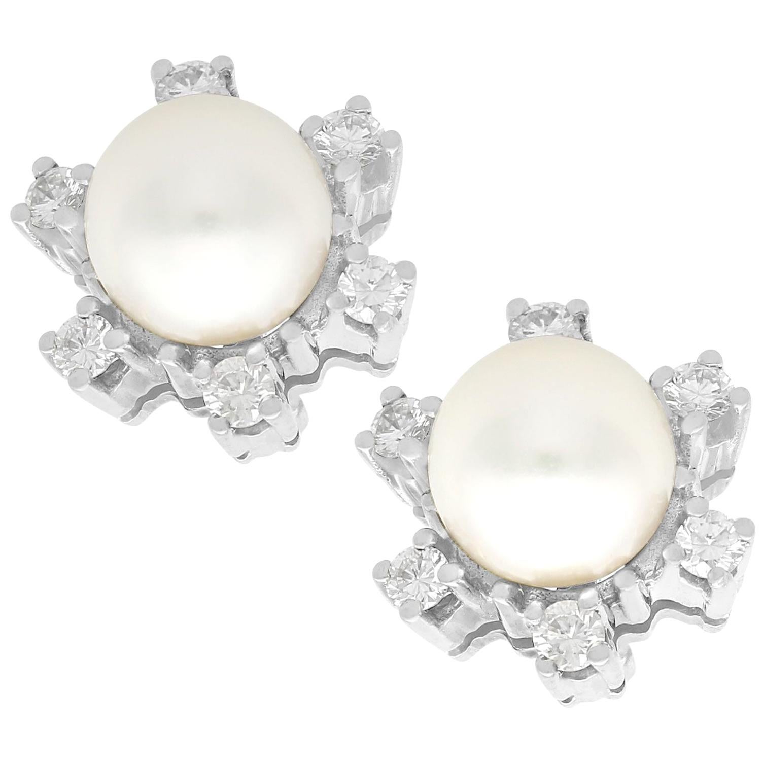 1970s Cultured Pearl and Diamond White Gold Stud Earrings