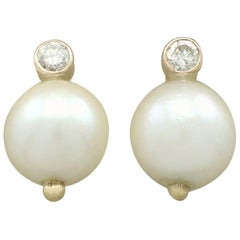 1970s Cultured Pearl and Diamond Yellow Gold Stud Earrings