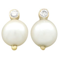 1970s, Cultured Pearl and Diamond Yellow Gold Stud Earrings