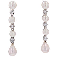 Pendants d'oreilles en or blanc 18 carats avec perles de culture et diamants des années 1970