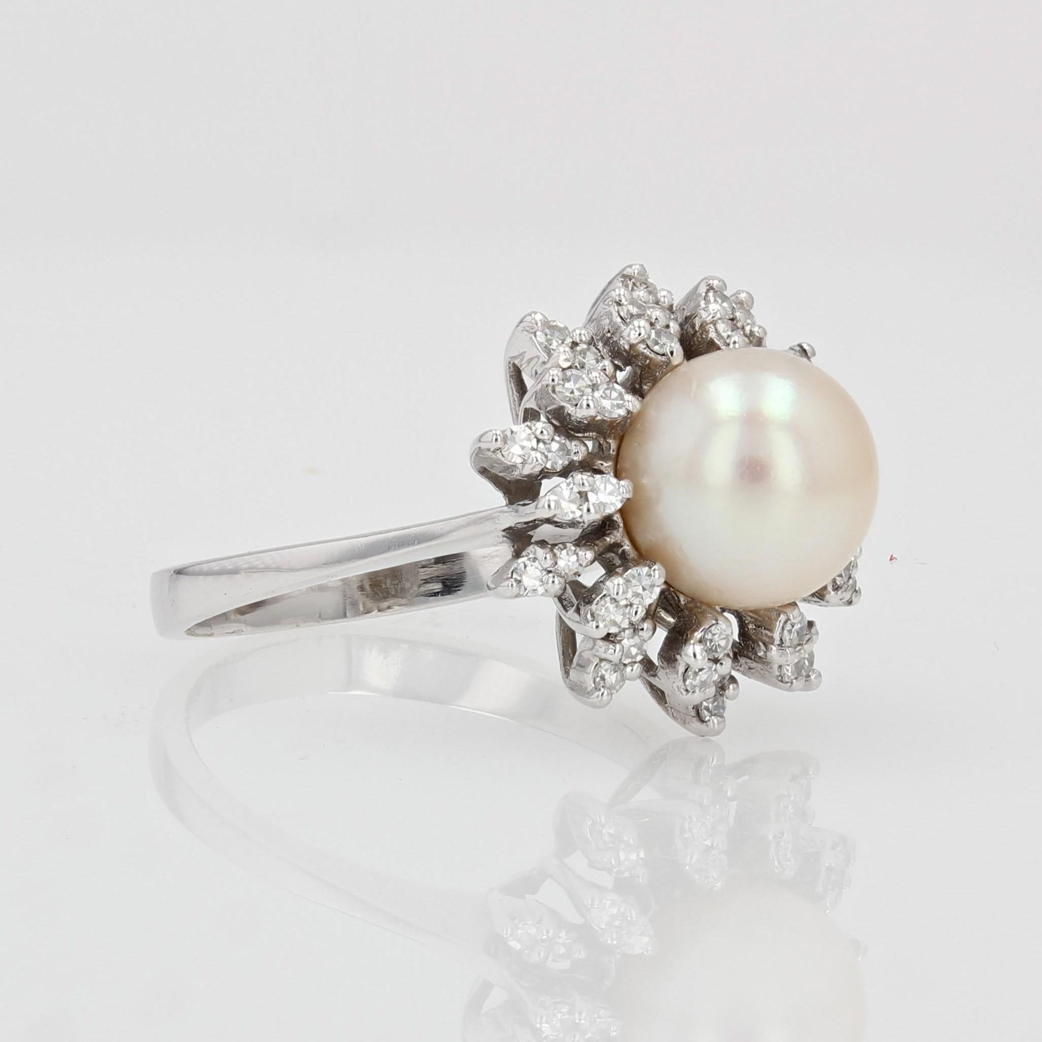 Flake-Ring aus 18 Karat Weigold mit Zuchtperlen und Diamanten, 1970er Jahre 5