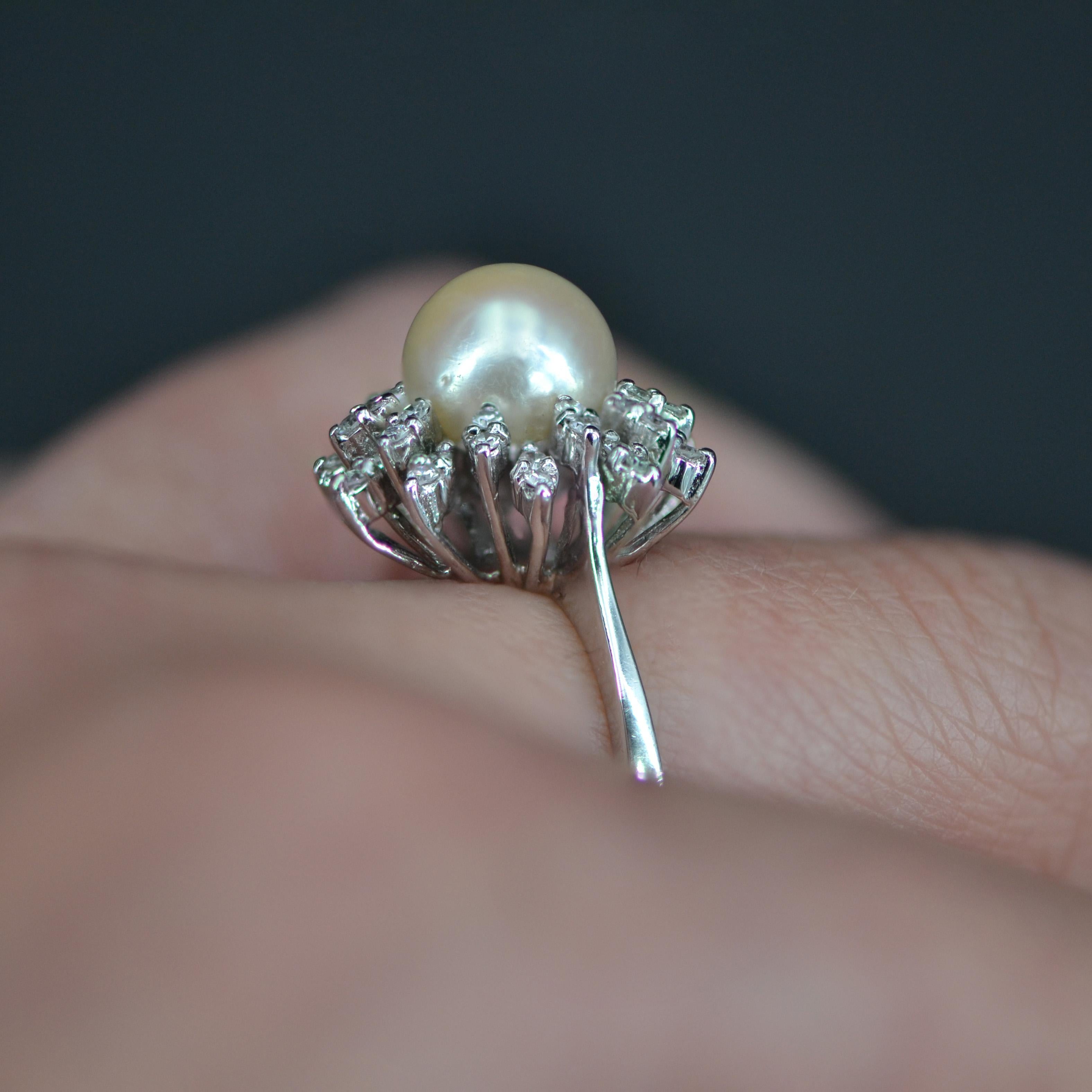 Flake-Ring aus 18 Karat Weigold mit Zuchtperlen und Diamanten, 1970er Jahre 8