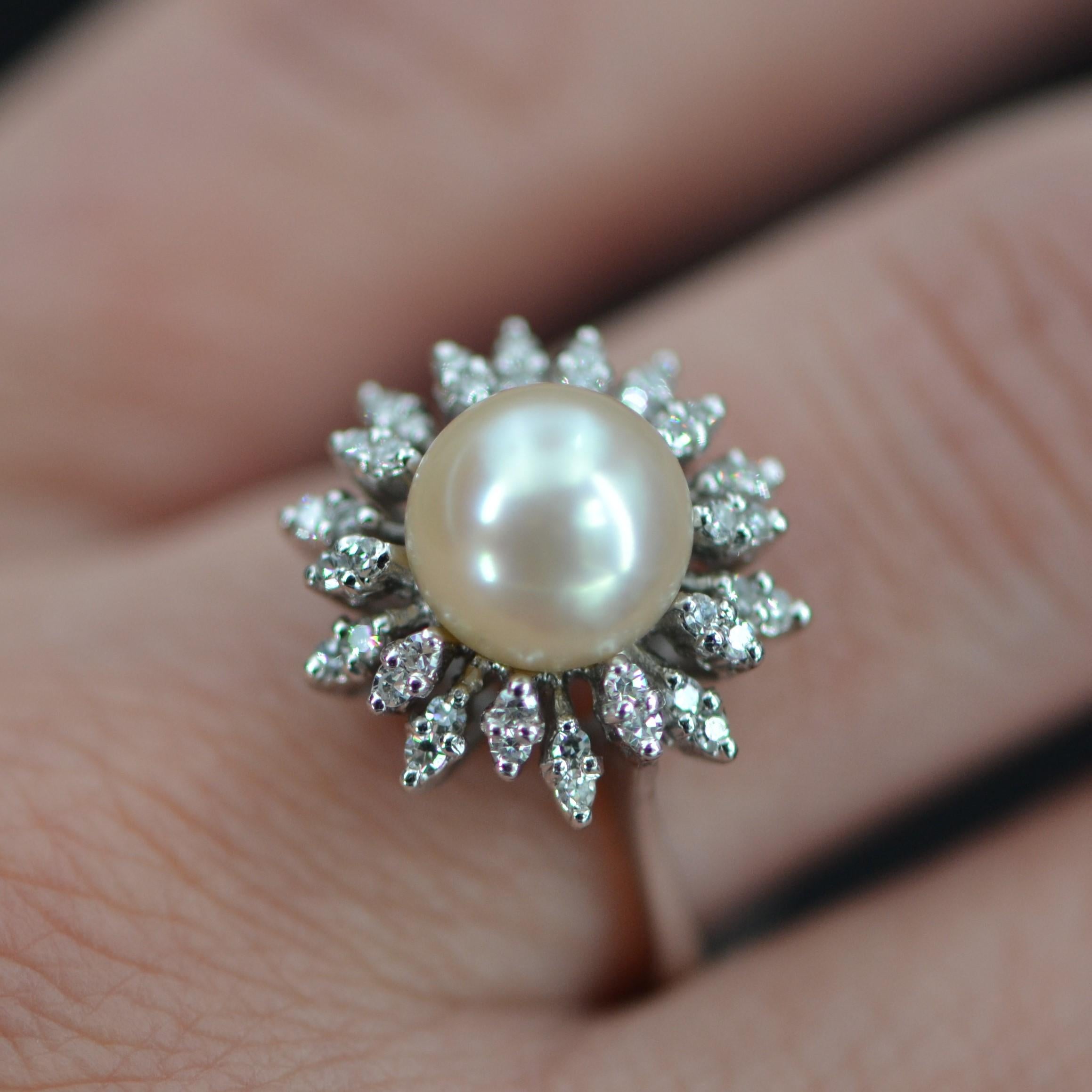 Flake-Ring aus 18 Karat Weigold mit Zuchtperlen und Diamanten, 1970er Jahre 12