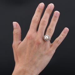 1970s, Cultured Pearl Diamonds 18 Karat White Gold Flake Ring