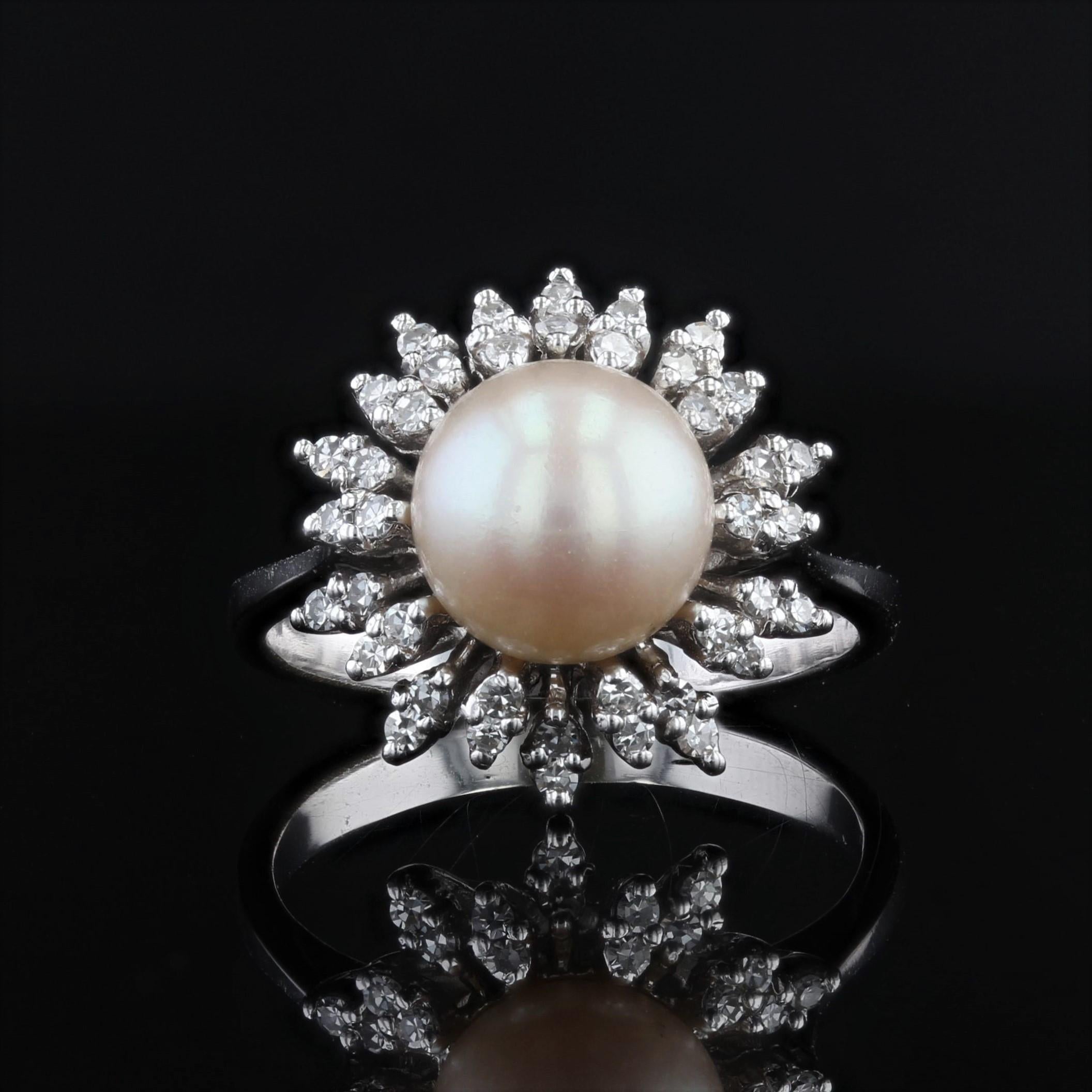 Flake-Ring aus 18 Karat Weigold mit Zuchtperlen und Diamanten, 1970er Jahre (Retro)