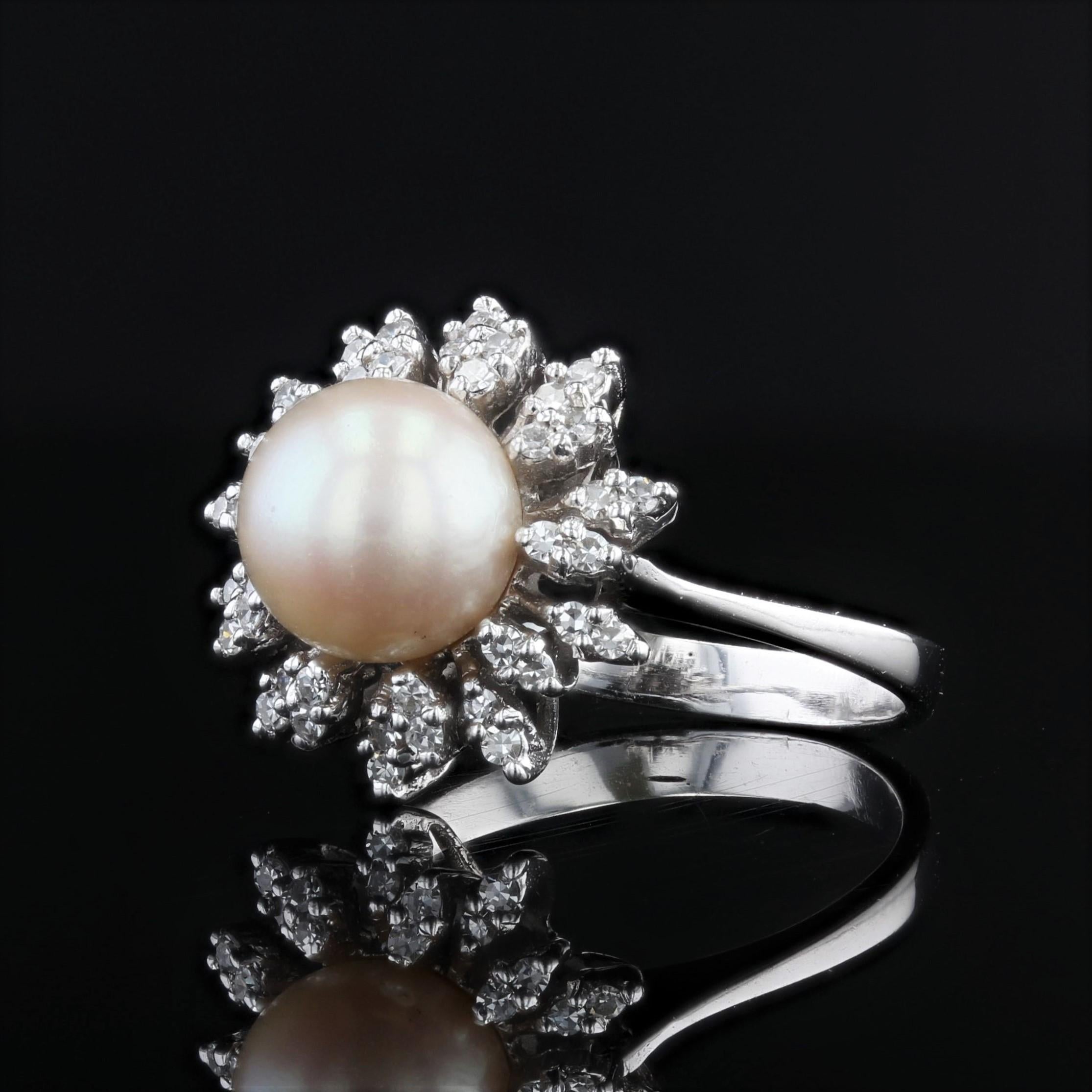 Flake-Ring aus 18 Karat Weigold mit Zuchtperlen und Diamanten, 1970er Jahre Damen
