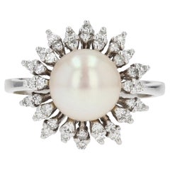 Vintage 1970s, Cultured Pearl Diamonds 18 Karat White Gold Flake Ring