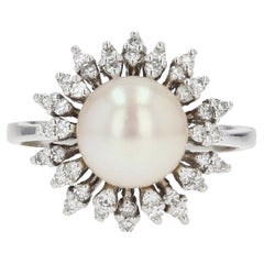 1970s, Cultured Pearl Diamonds 18 Karat White Gold Flake Ring