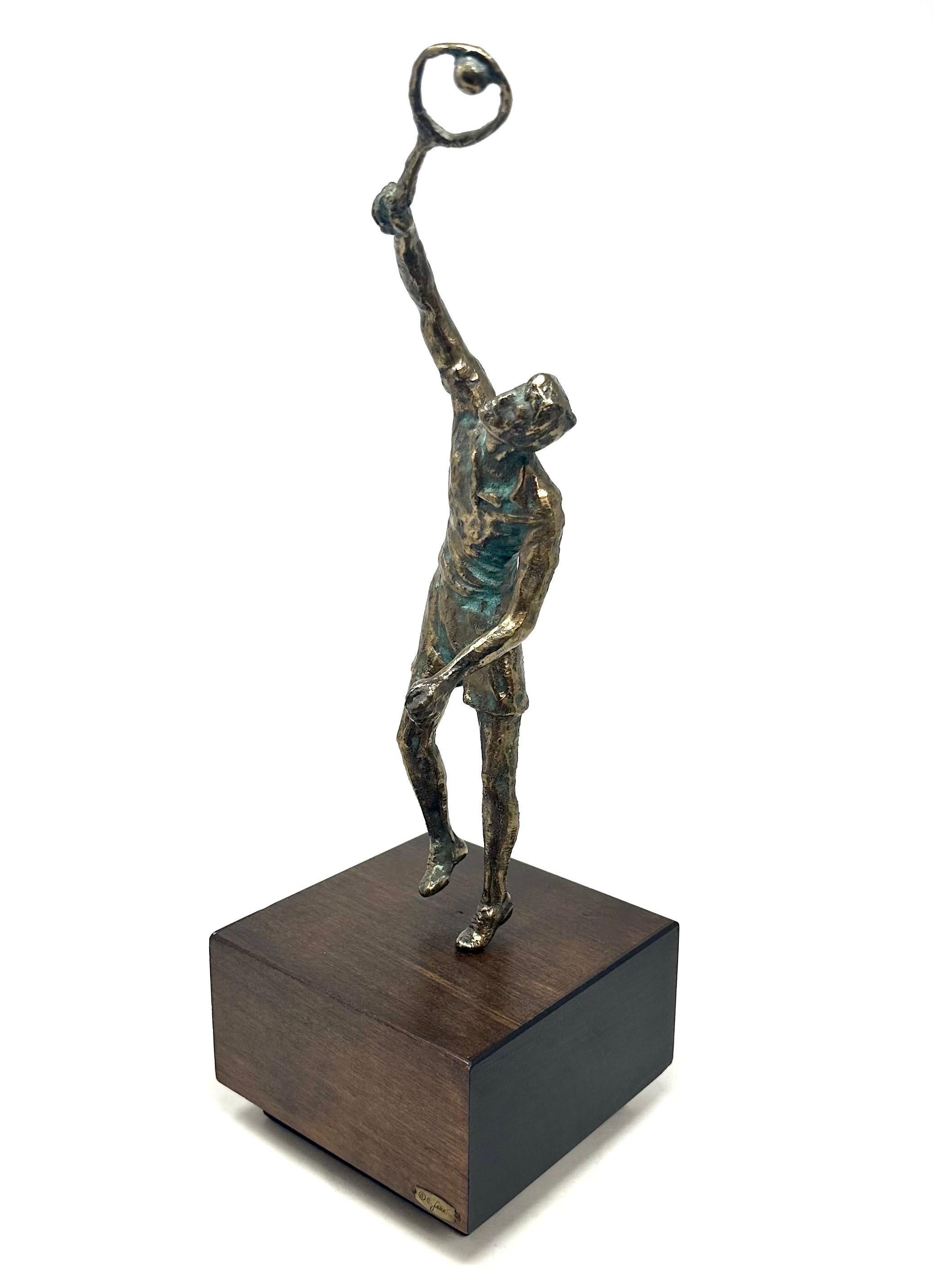 Mid-Century Modern 1970s Curtis Jere Bronze Tennis Player Sculpture on Wood Base