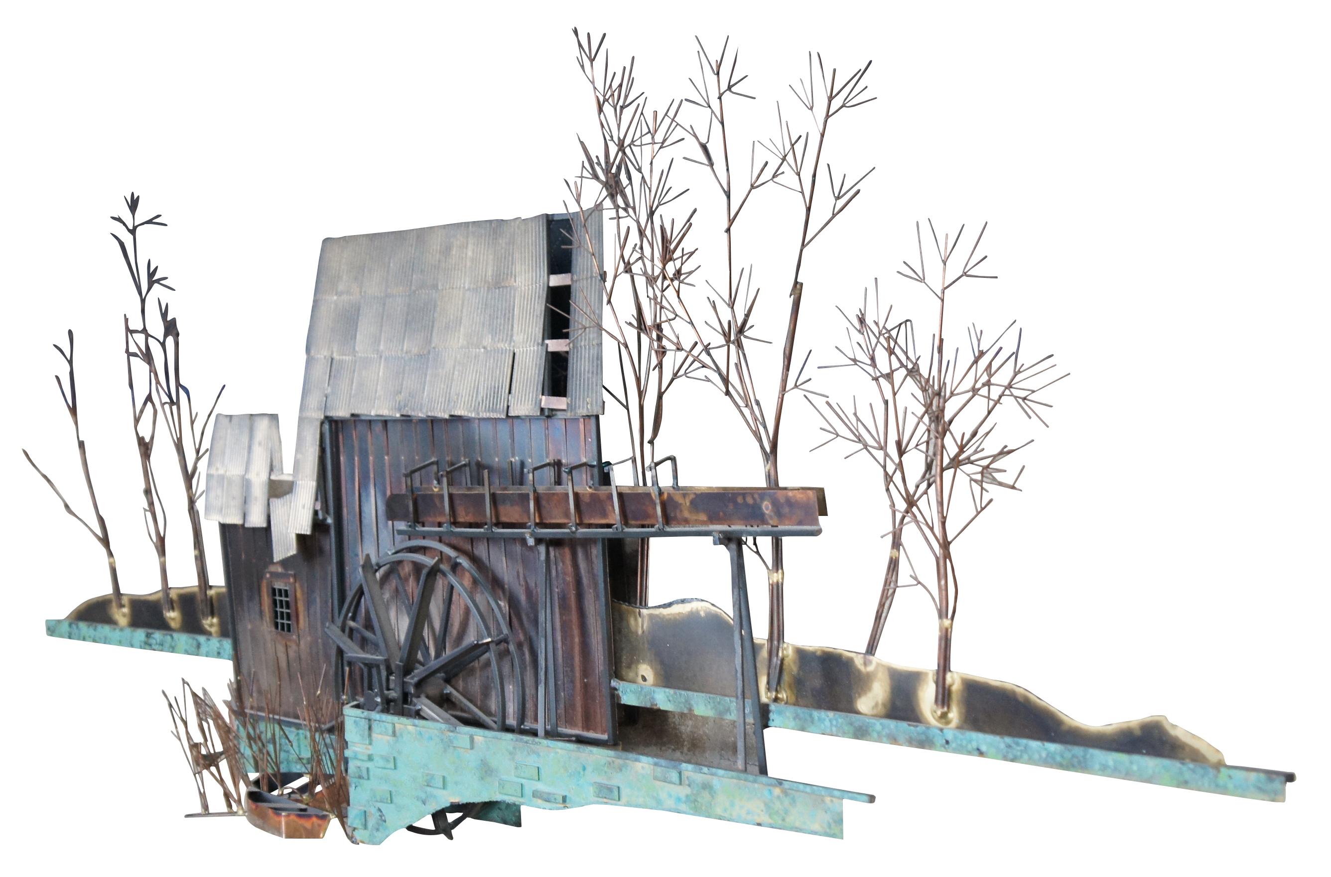Brutalismo Curtis Jere 1970 Brutalist Metal Mill Farmhouse Water Wheel Wall Art Scultura in vendita