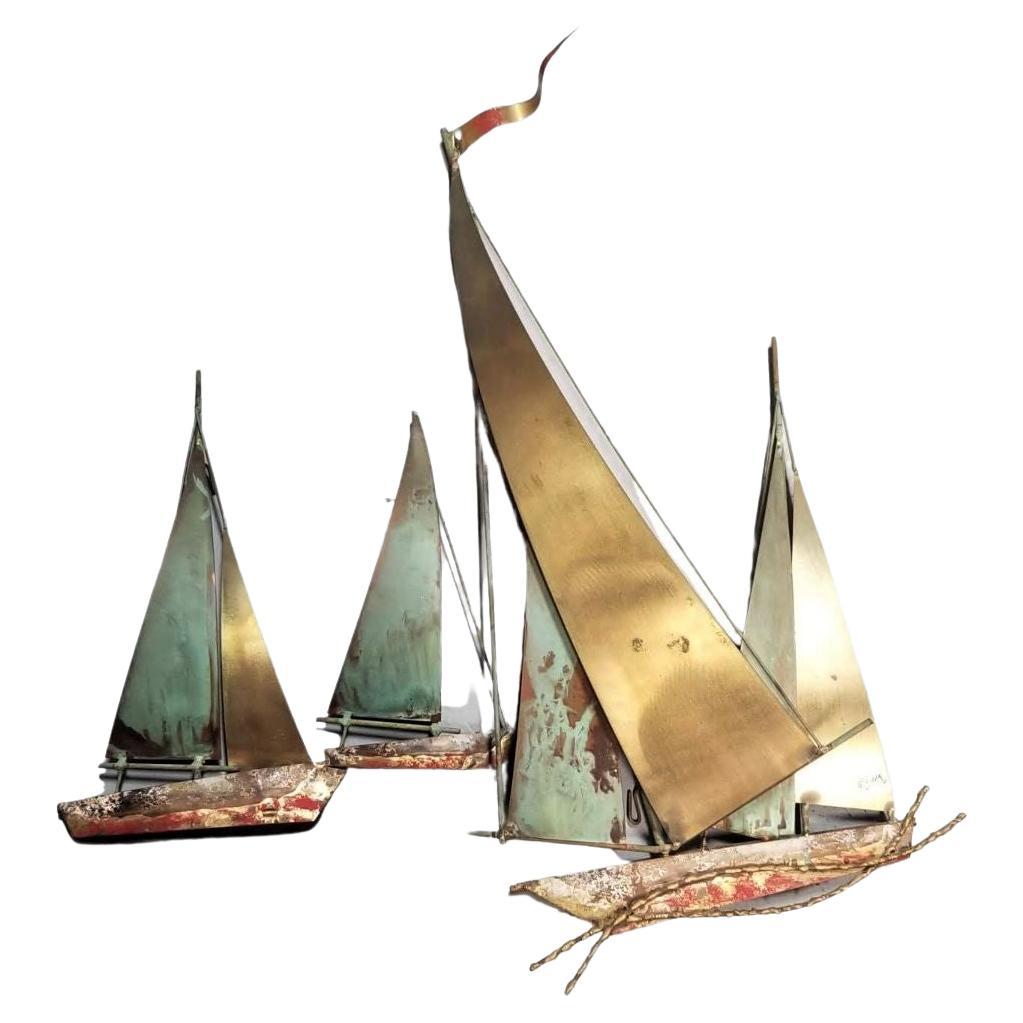 Sculpture murale nautique de bateaux à voile en cuivre Curtis Jere des années 1970