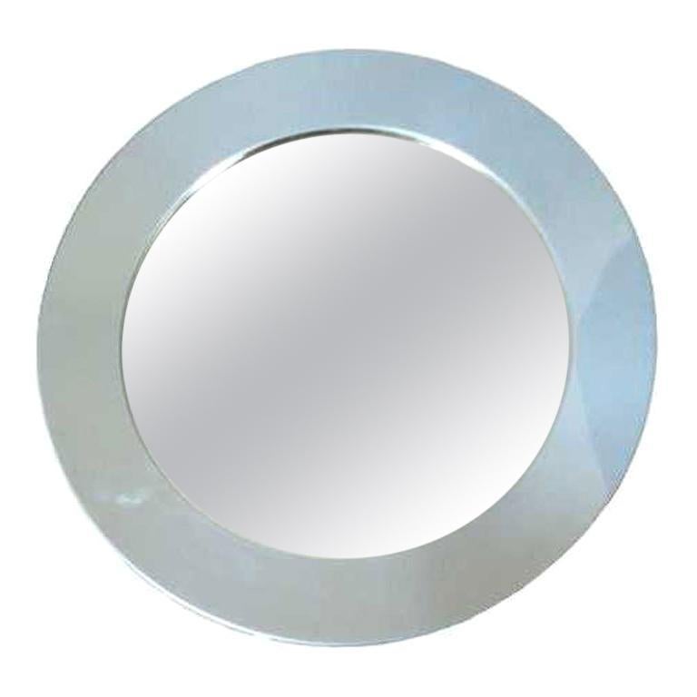 Round mirror with wide chrome frame by Curtis Jere. Signed/dated, USA, circa 1970. Measures: 23 inches in diameter.