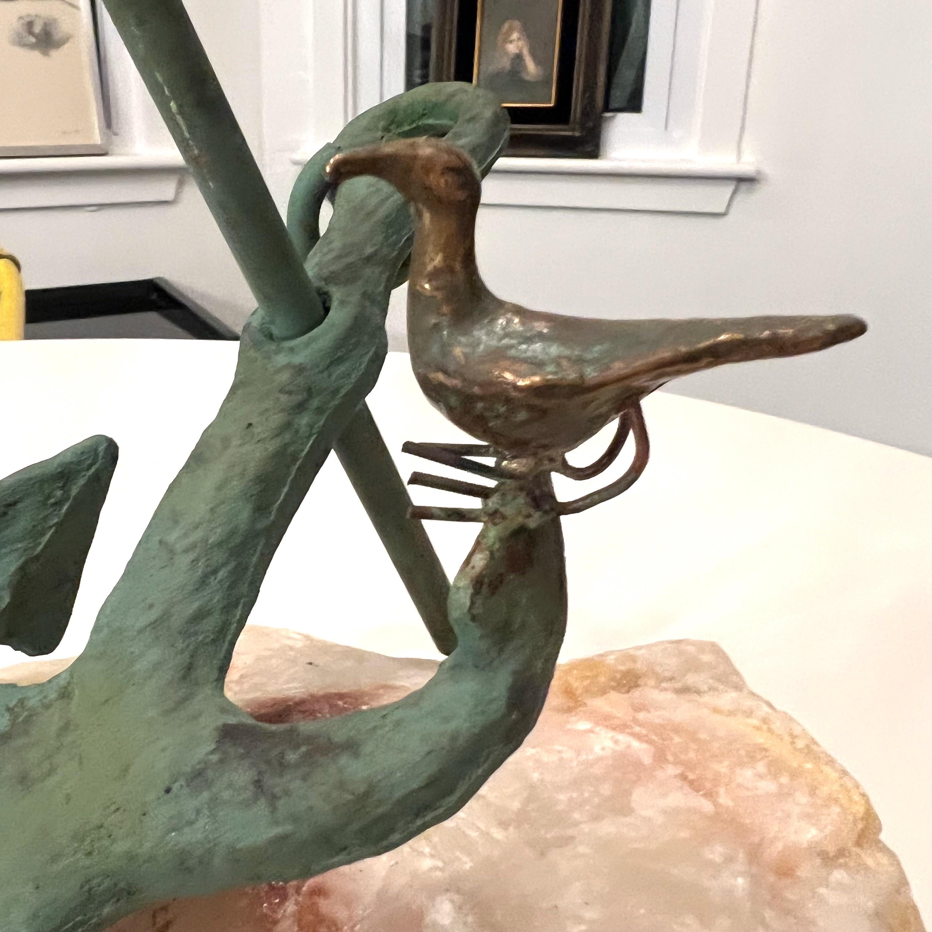 Metal 1970’s Curtis Jere Signed Anchor With Bird on Quarts Sculpture. For Sale