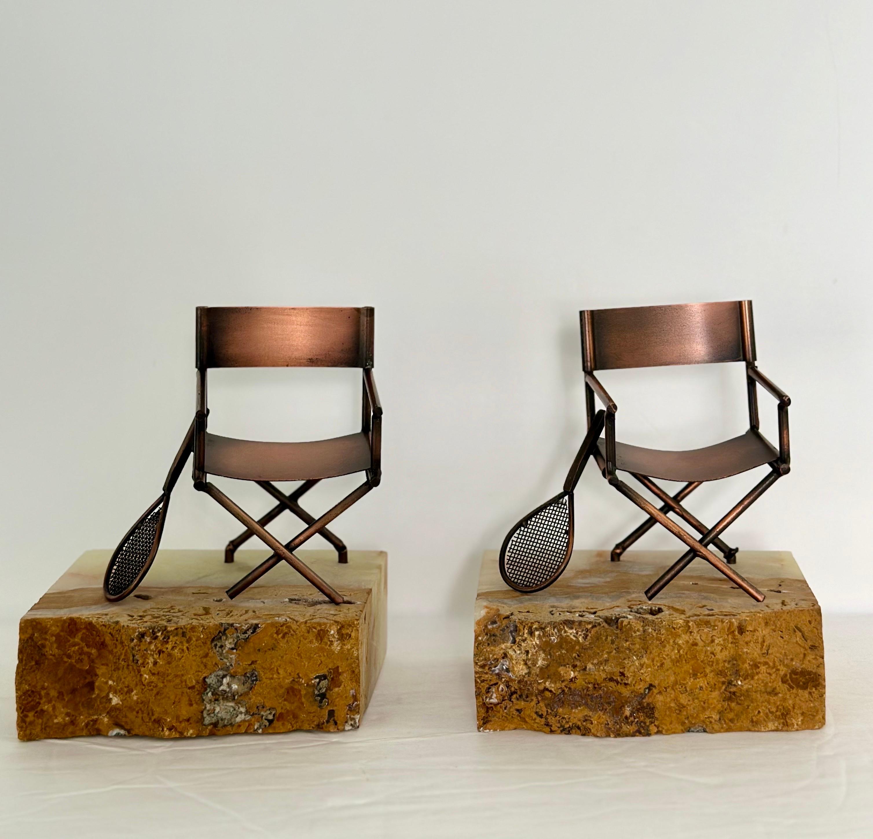 Mid-Century Modern 1970s Curtis Jere Signed Sculptural Copper Figurines on Onyx Bookends – a Pair