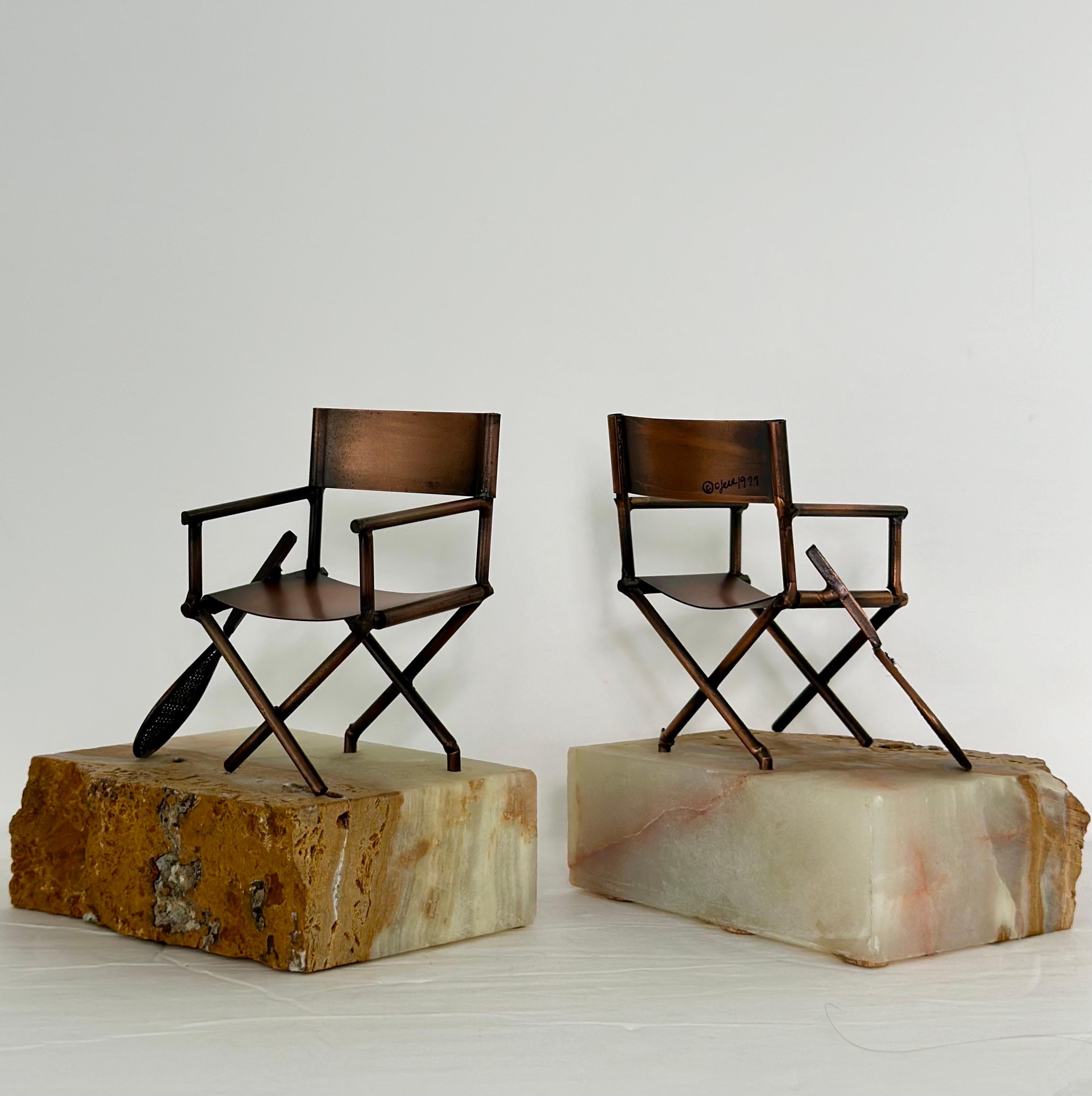 Late 20th Century 1970s Curtis Jere Signed Sculptural Copper Figurines on Onyx Bookends – a Pair